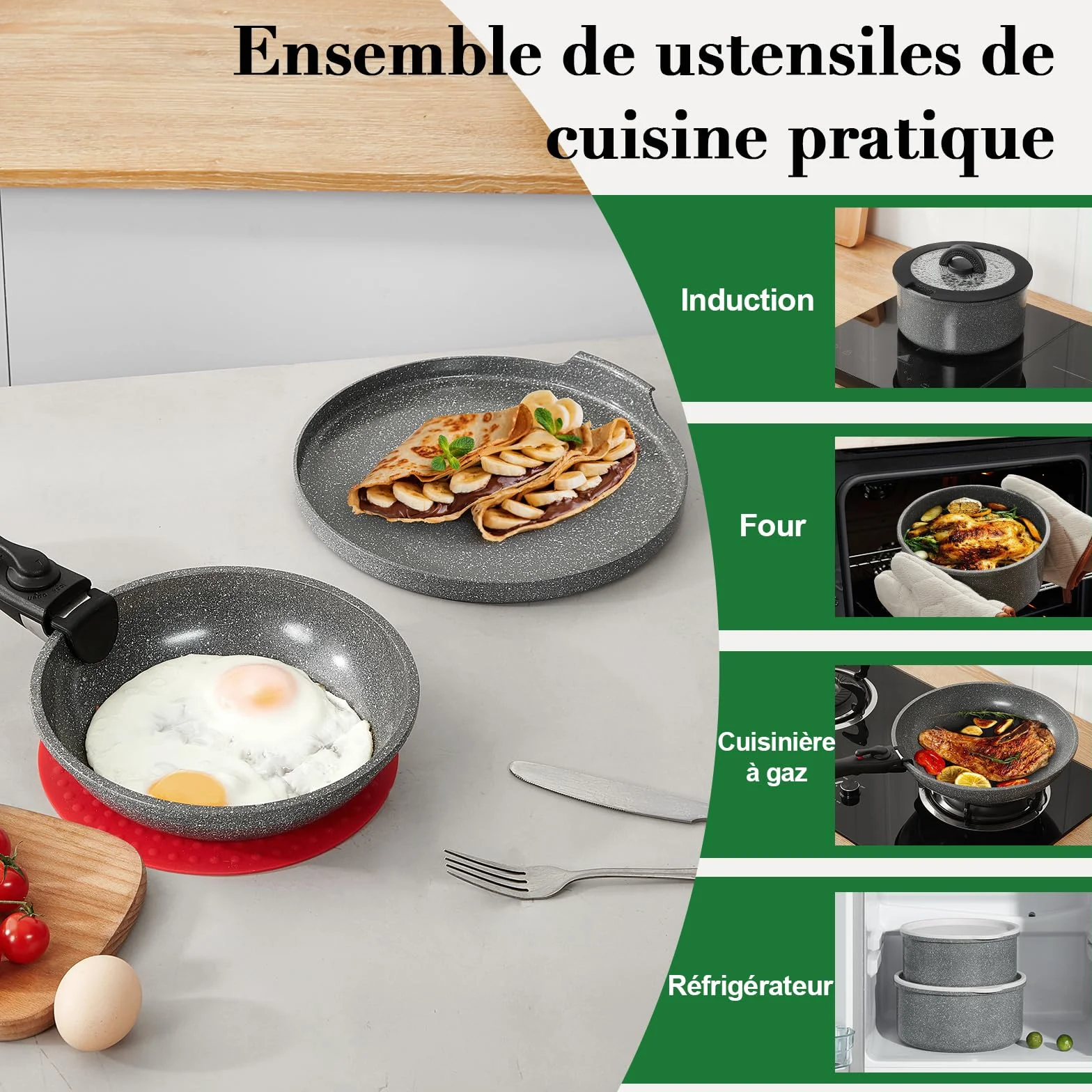 Batterie de cuisine induction 16 pièces 20cm/28cm poignées amovibles empilable antiadhésif céramique sans PFAS gris