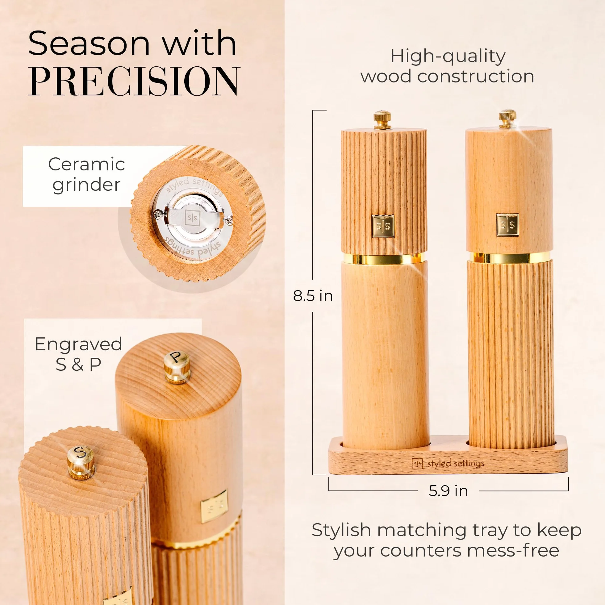 Moulin à sel et poivre en bois Styled Settings avec accents dorés – Ensemble rechargeable moulins céramiques réglables support assorti
