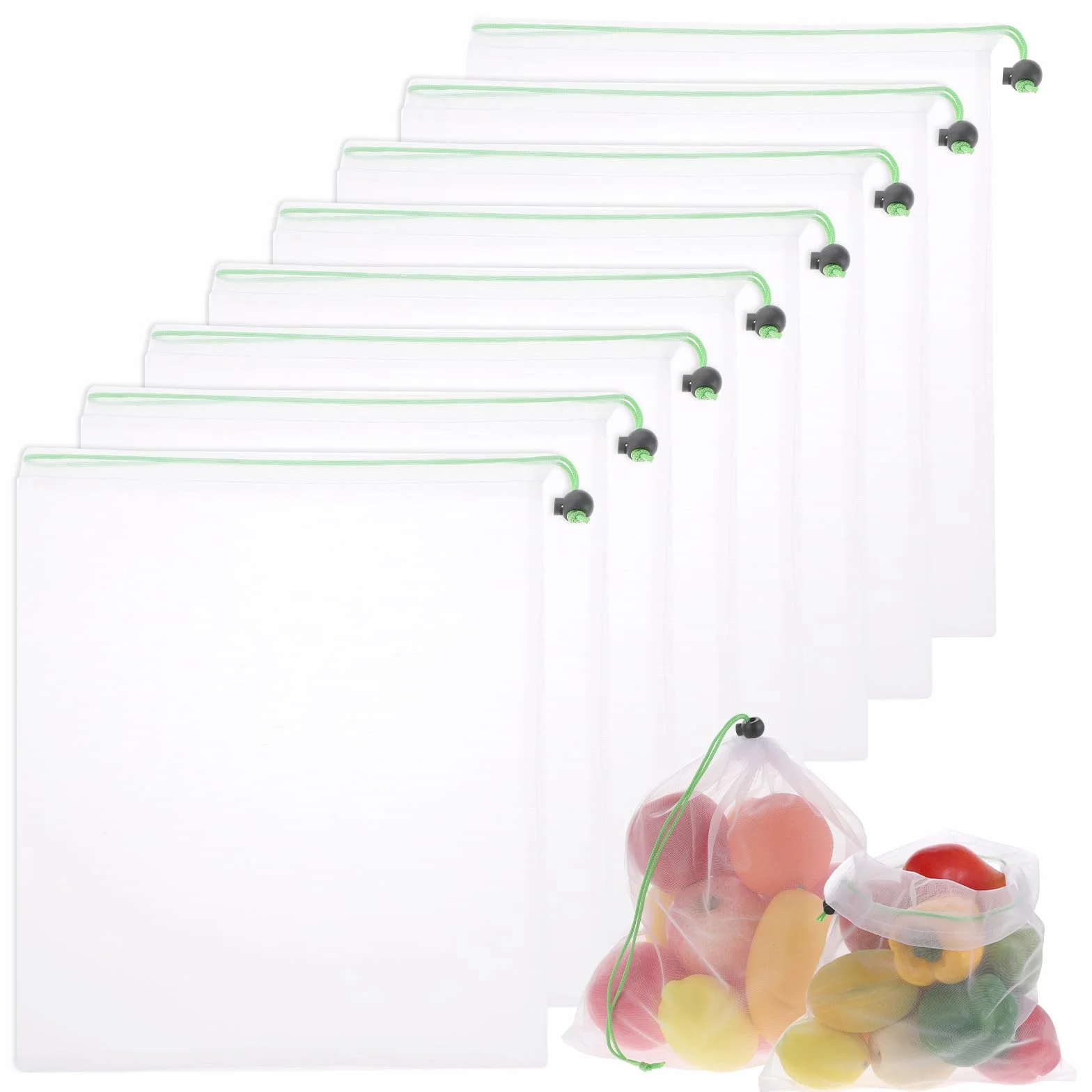 Sacs réutilisables en filet pour fruits et légumes, lot de 8 avec cordon de serrage