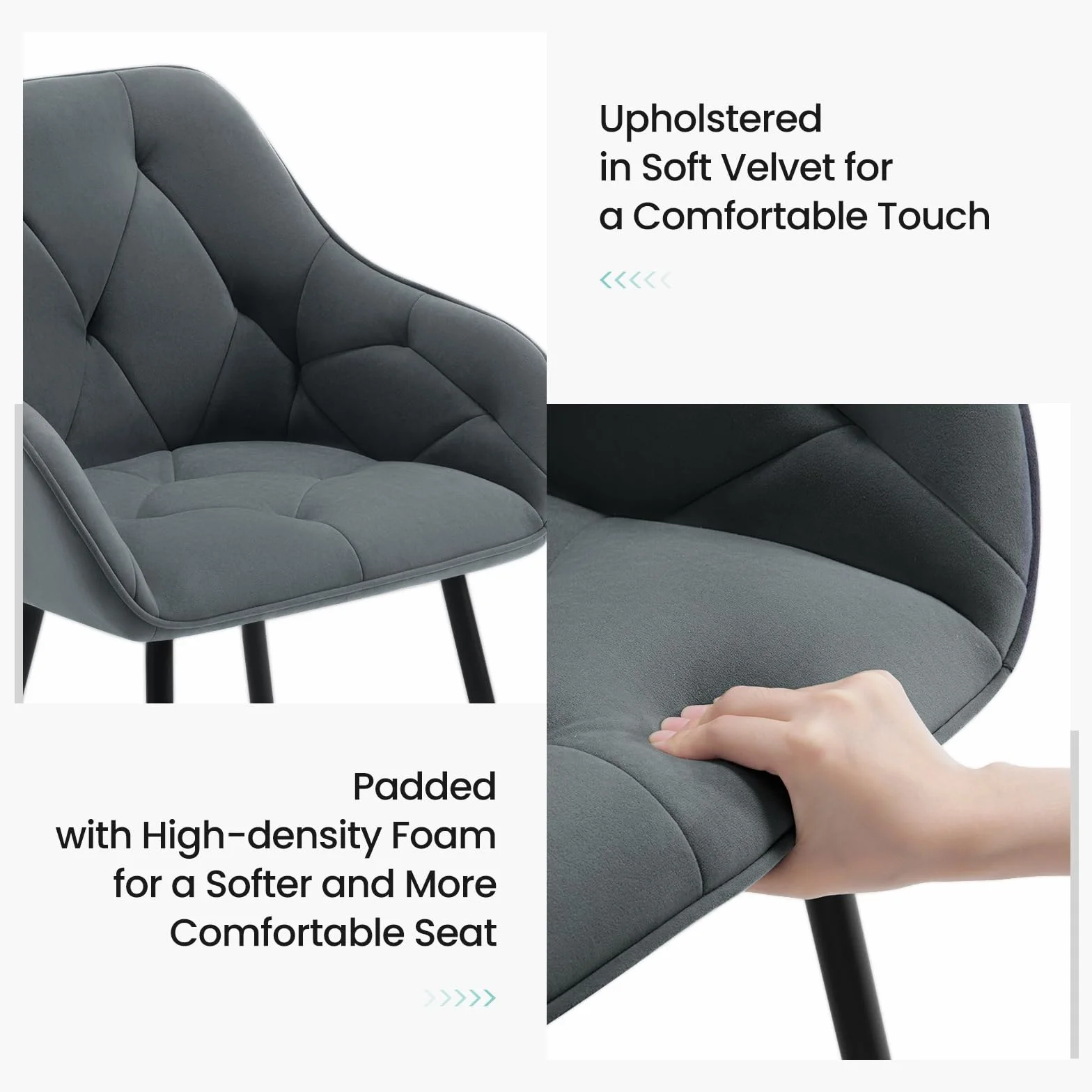 WOLTU Lot de 6 Chaises de Salle à Manger Rembourrées avec Accoudoirs, Pieds en Métal, Velours Gris Foncé