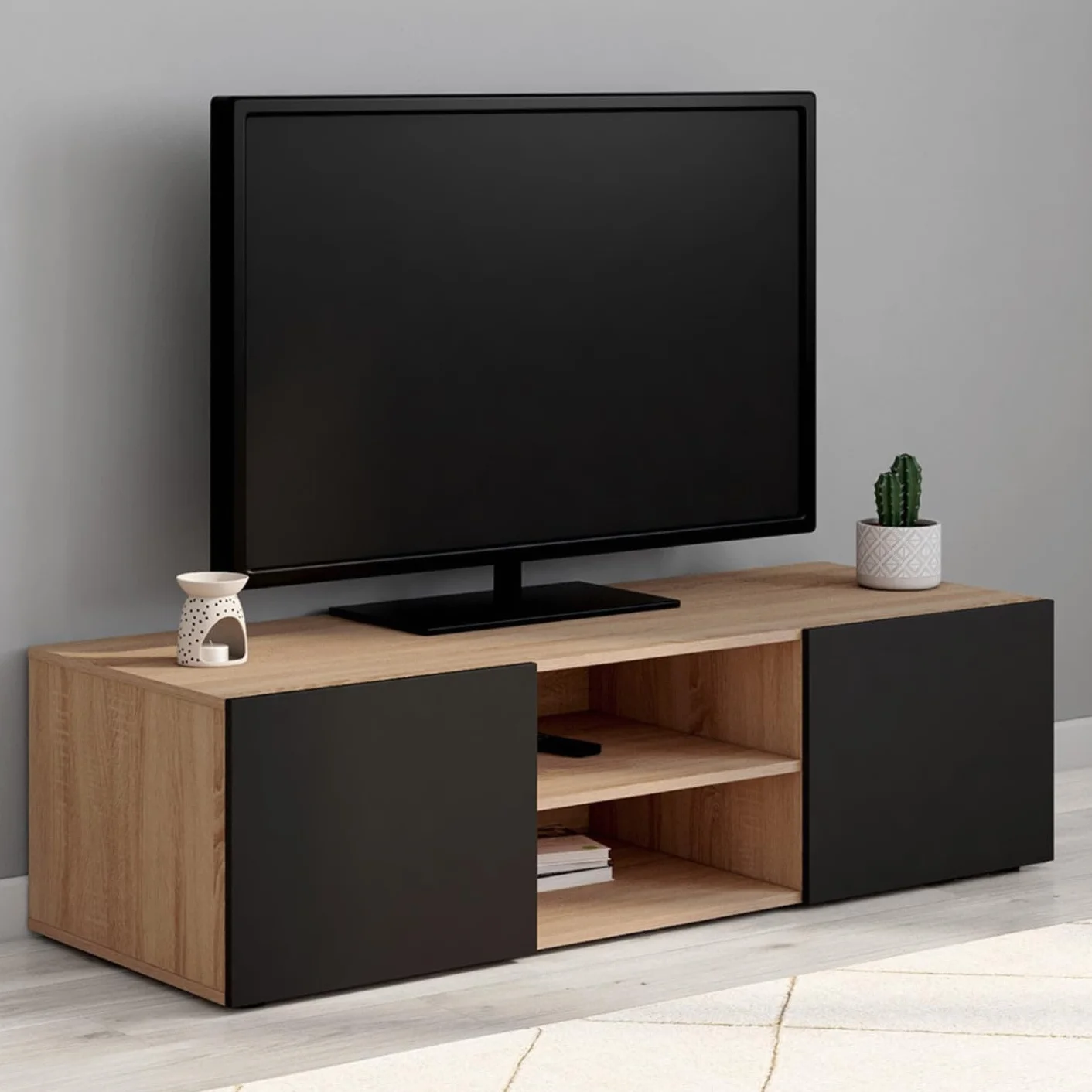 Meuble TV 113 cm ELI Bois façon hêtre Portes Noires