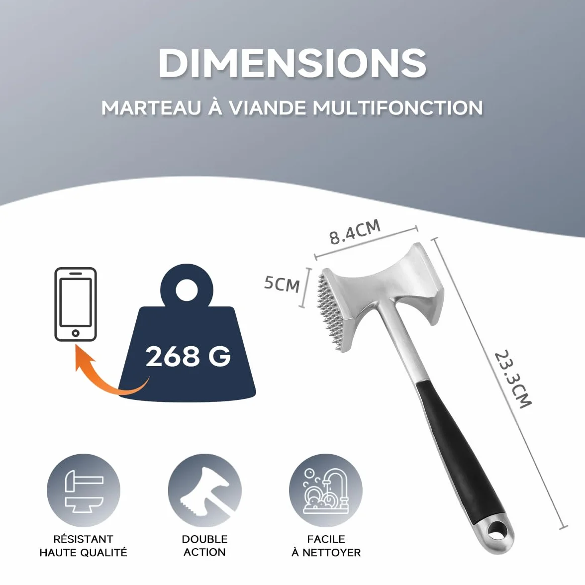 Attendrisseur de Viande Marteau Double Face avec Poignée Antidérapante pour Steak Poulet Côtelettes