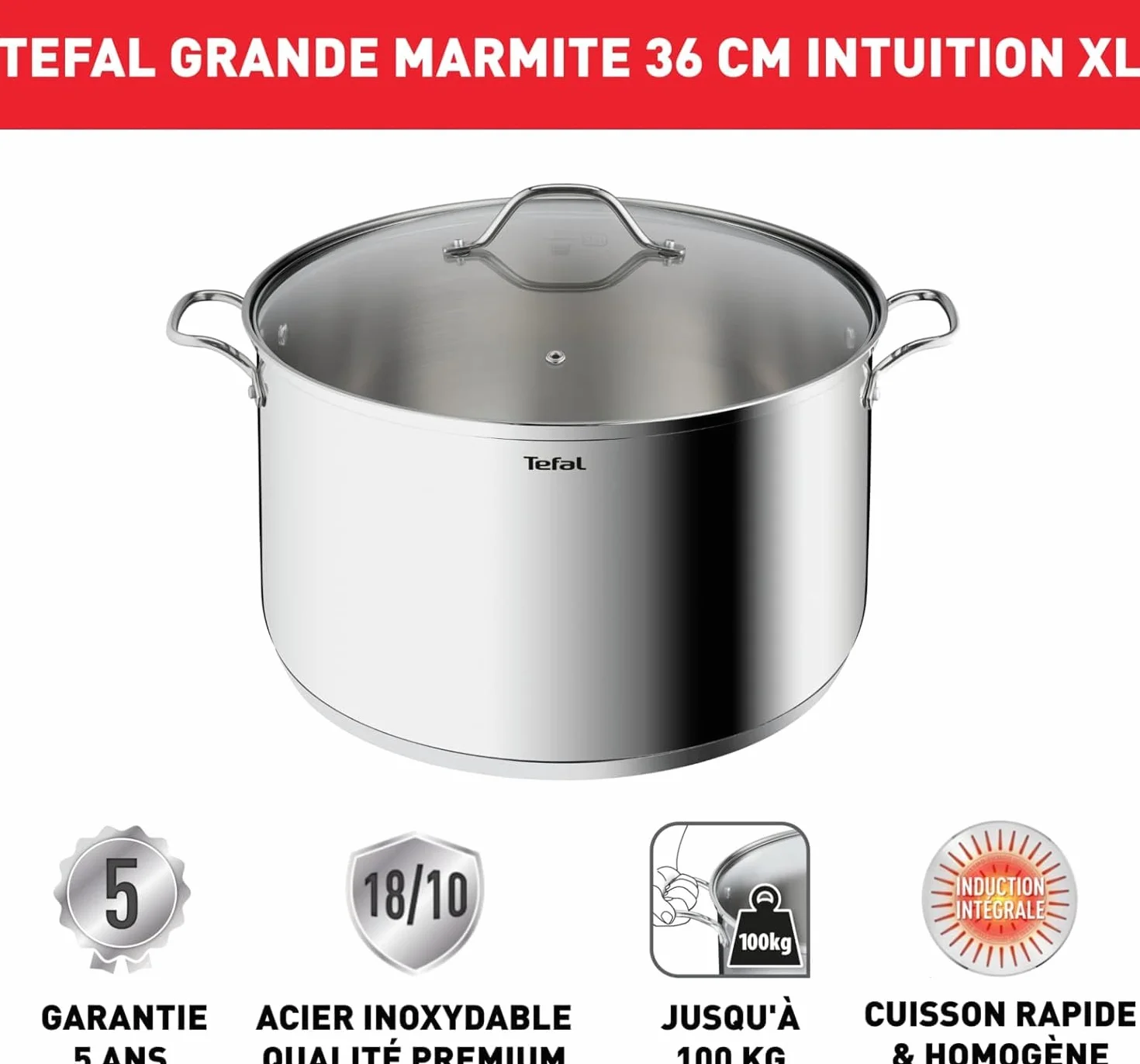 Tefal Intuition XL Marmite 36 cm 17.5 L Induction Acier inoxydable 18/10 Couvercle en verre