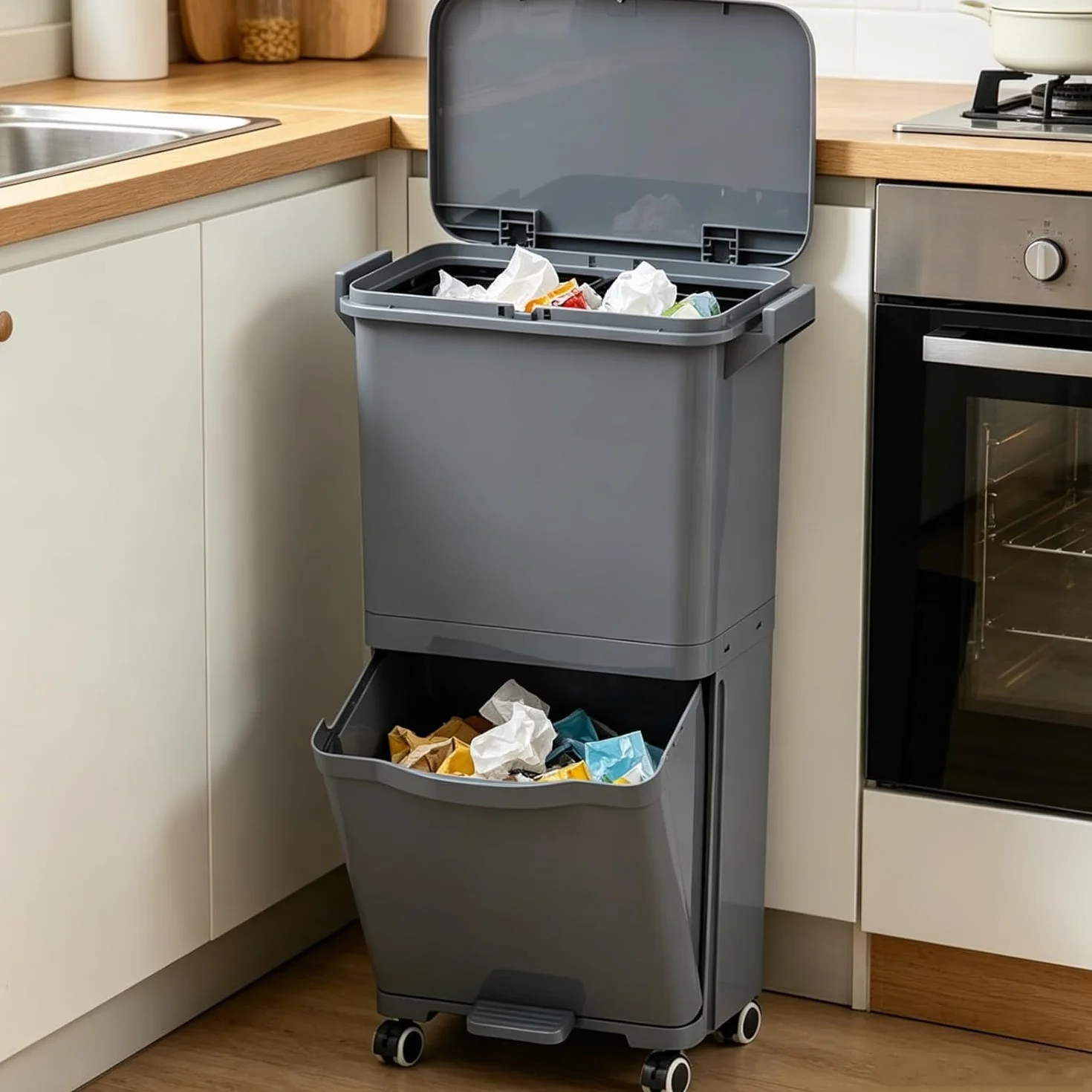 LIFEZEAL Poubelle de Cuisine 36L, Poubelle de Tri Sélectif 2 Niveaux, Pédale, Bac Inclinable, Plastique, Gris