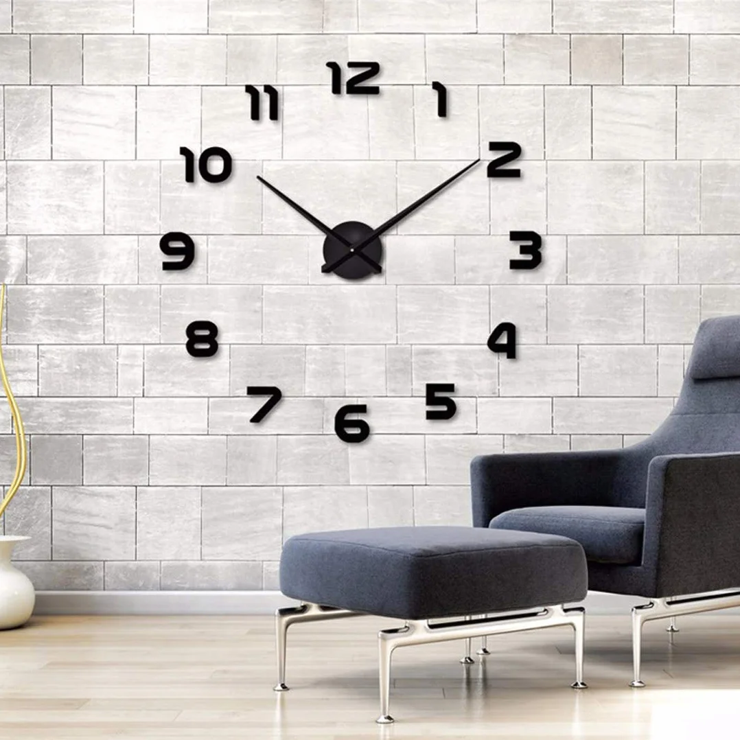 Horloge Murale 3D Miroir Autocollant Métal Silencieuse, Décor Moderne 60-90 cm Noir