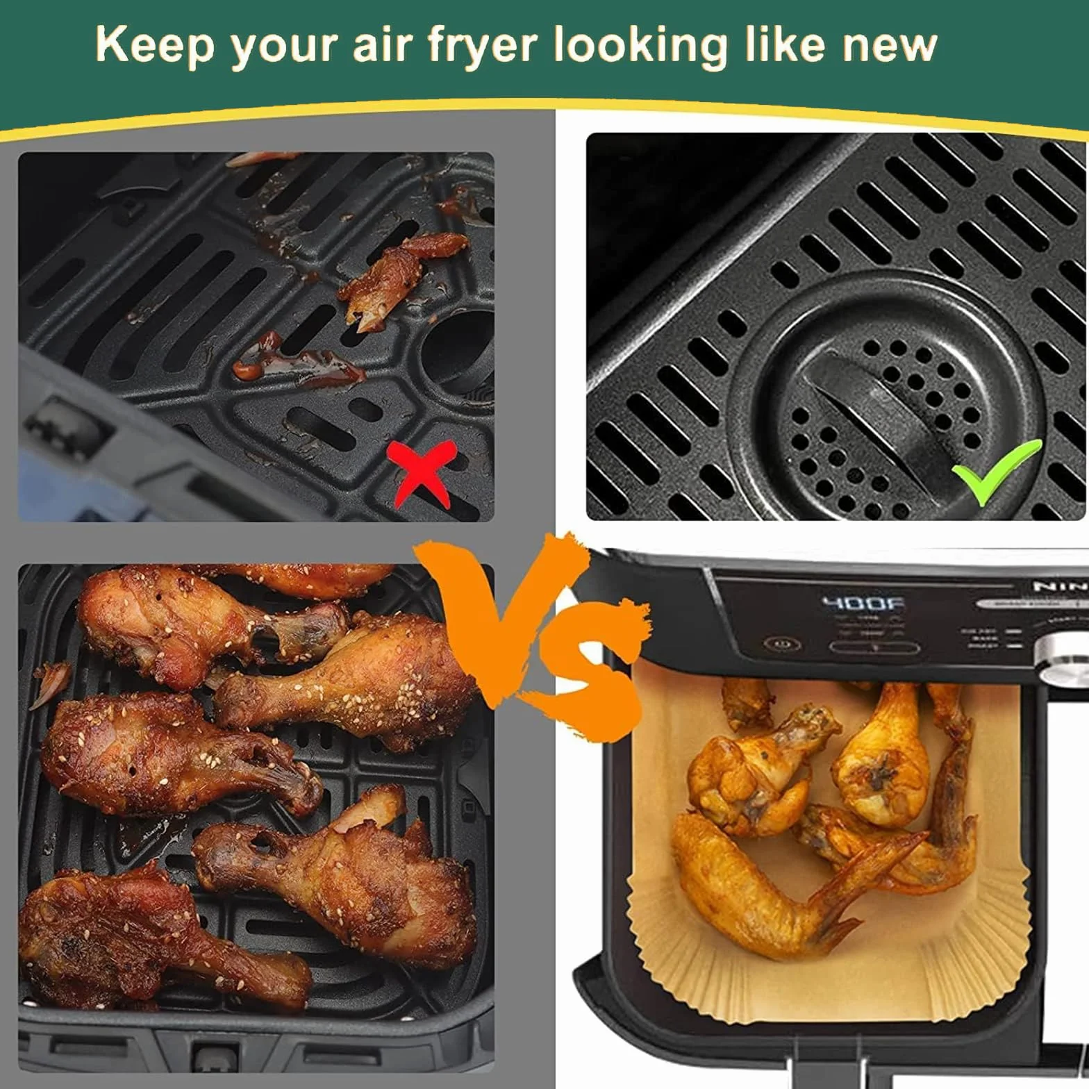 Papier Cuisson pour Ninja Air Fryer, 100 Pièces Rectangulaires 20x14cm Sulfurisé Épaissi