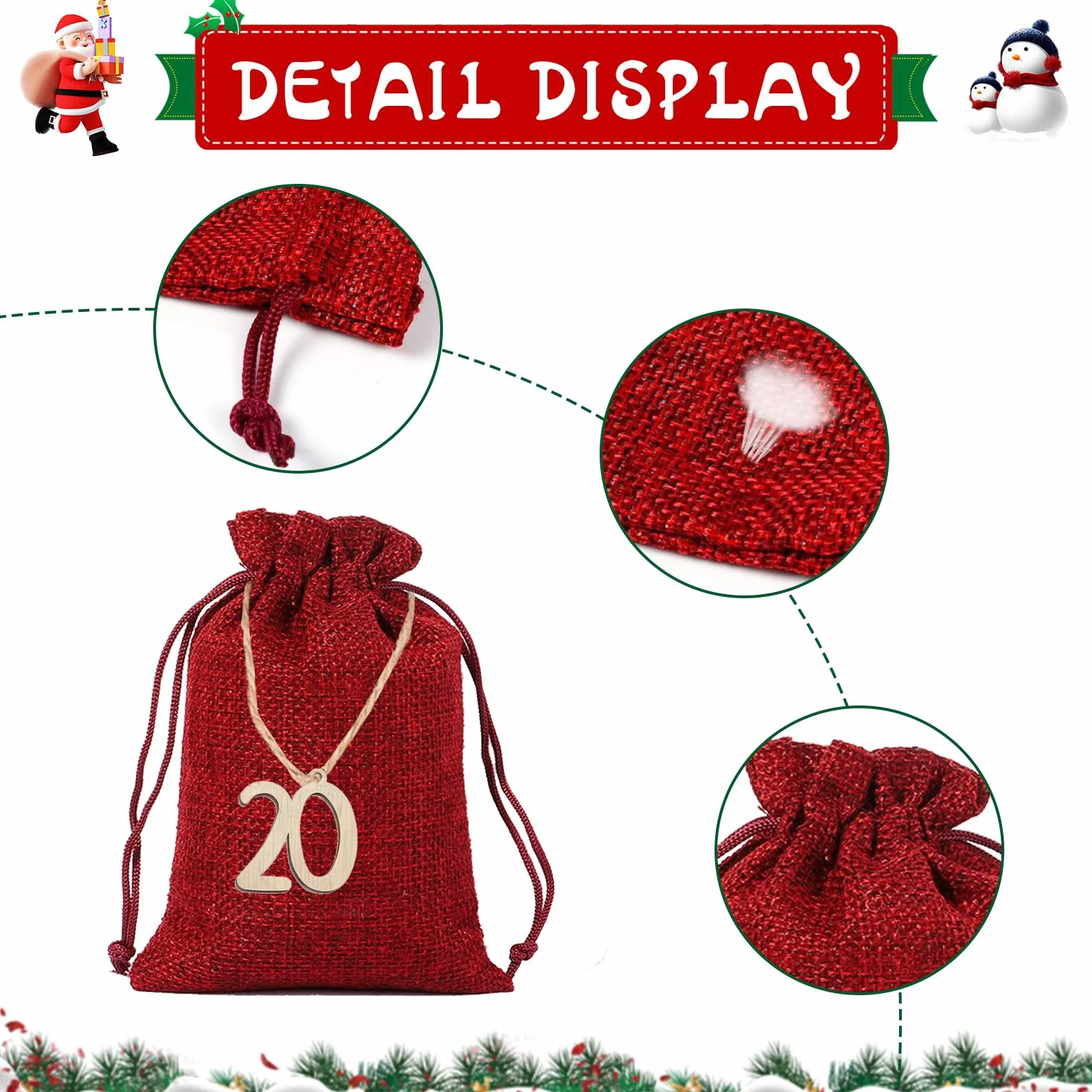 Calendrier de Noël à Remplir 24 Pièces Sacs pour Calendrier de l'Avent Vide DIY Cadeaux Pochon Tissu