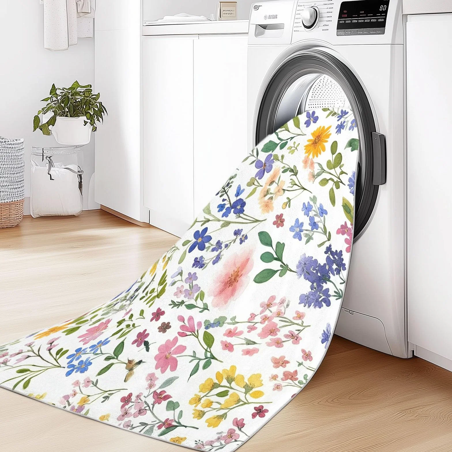 Tapis de Salon 80x150 cm Antidérapant Lavable en Machine Motif Aquarelle Fleurs Sauvages