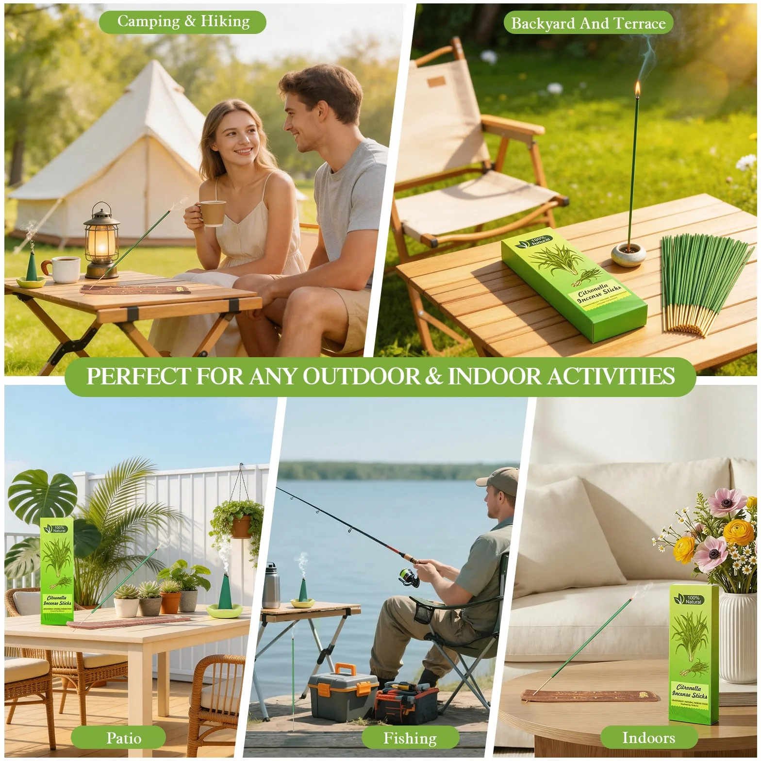 Pack de 120 Bâtonnets d'Encens à la Citronnelle + 30 Cônes avec 2 Porte-encens – Naturel pour Terrasse, Jardin