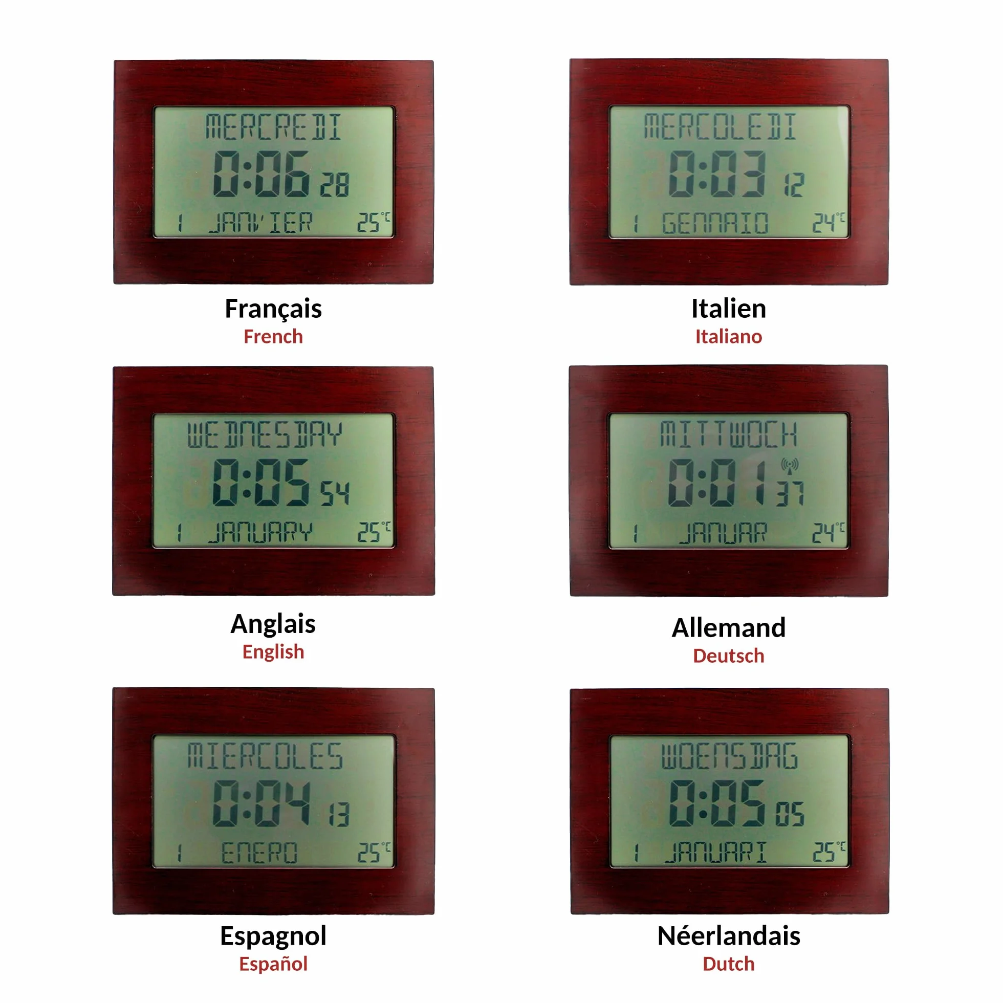 Fishtec Horloge Réveil Numérique Radiopilotée Motif Bois Grand Écran LCD Date Jour Température Double Alarme Snooze 23 x 16 cm