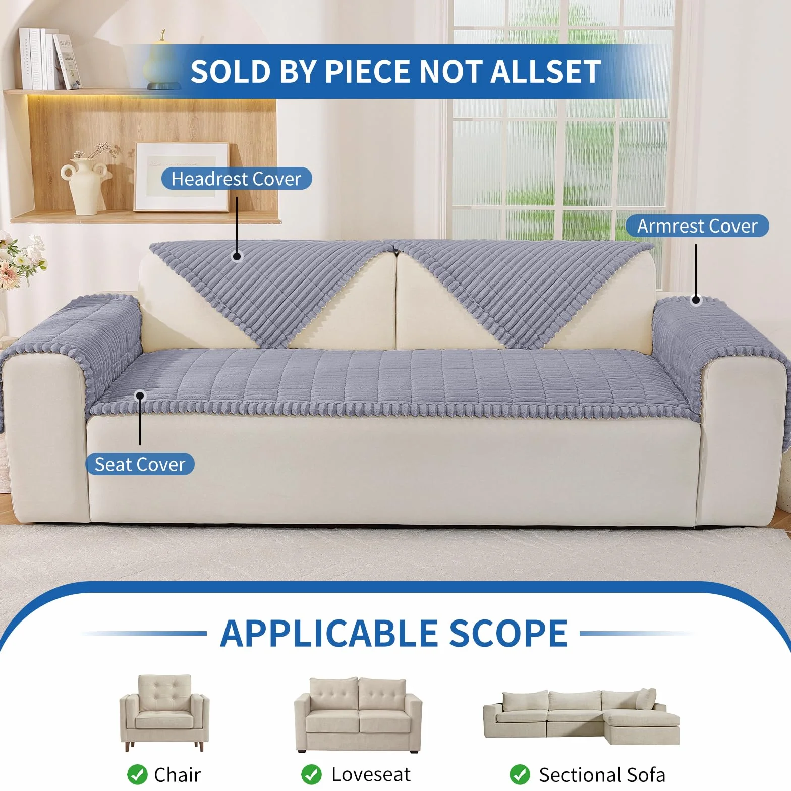 Housse De Canapé Flanelle Epais, Couvre Canapé d'Angle Lavable Antidérapante Anti-Taches, 70x150cm, Gris Clair