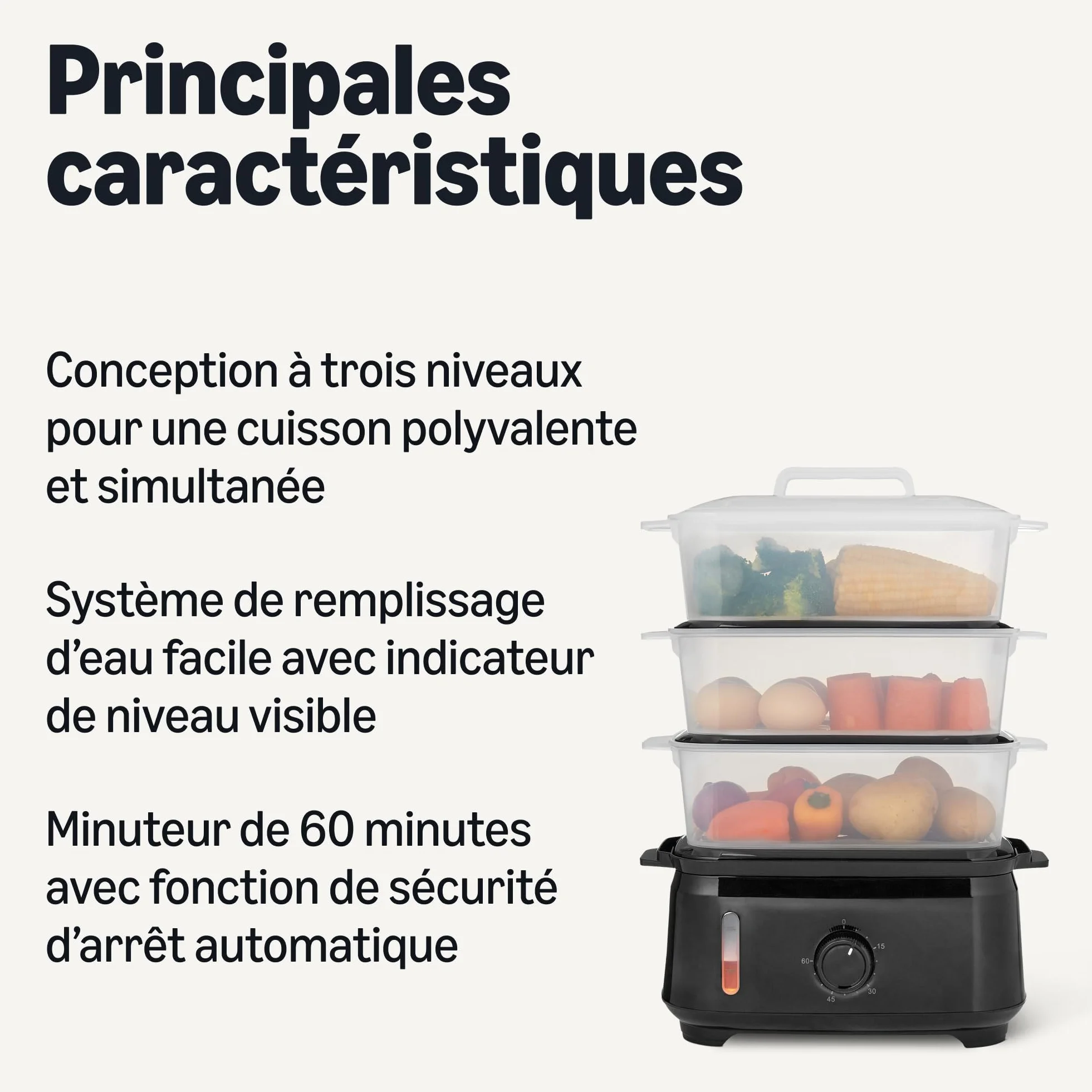 Amazon Basics Cuiseur à Vapeur Électrique 3 Étages 9L 950W Noir