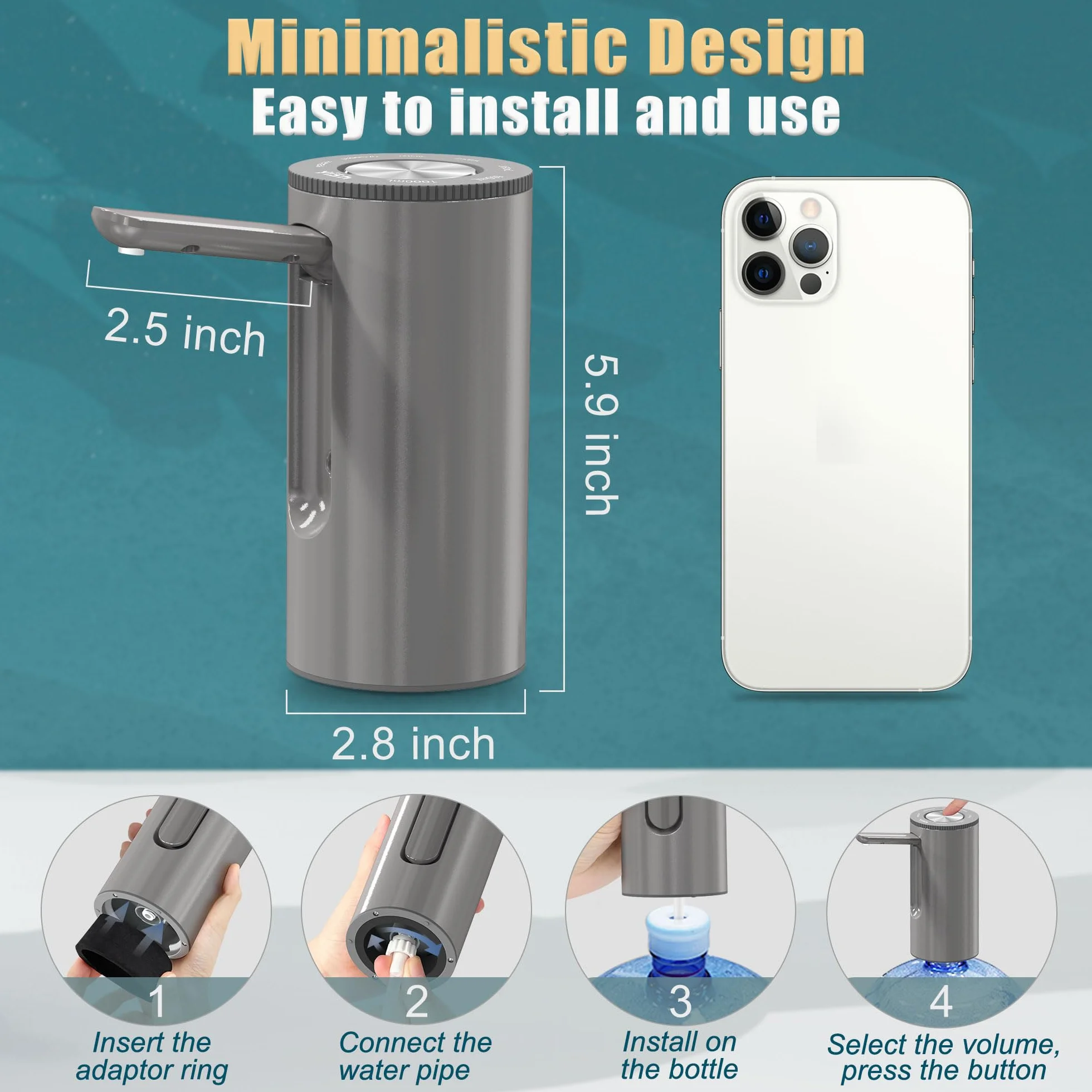 YISH Pompe Distributeur Eau Portable Rechargeable USB 3.8-18.9L Bouteille Maison Camping Bureau