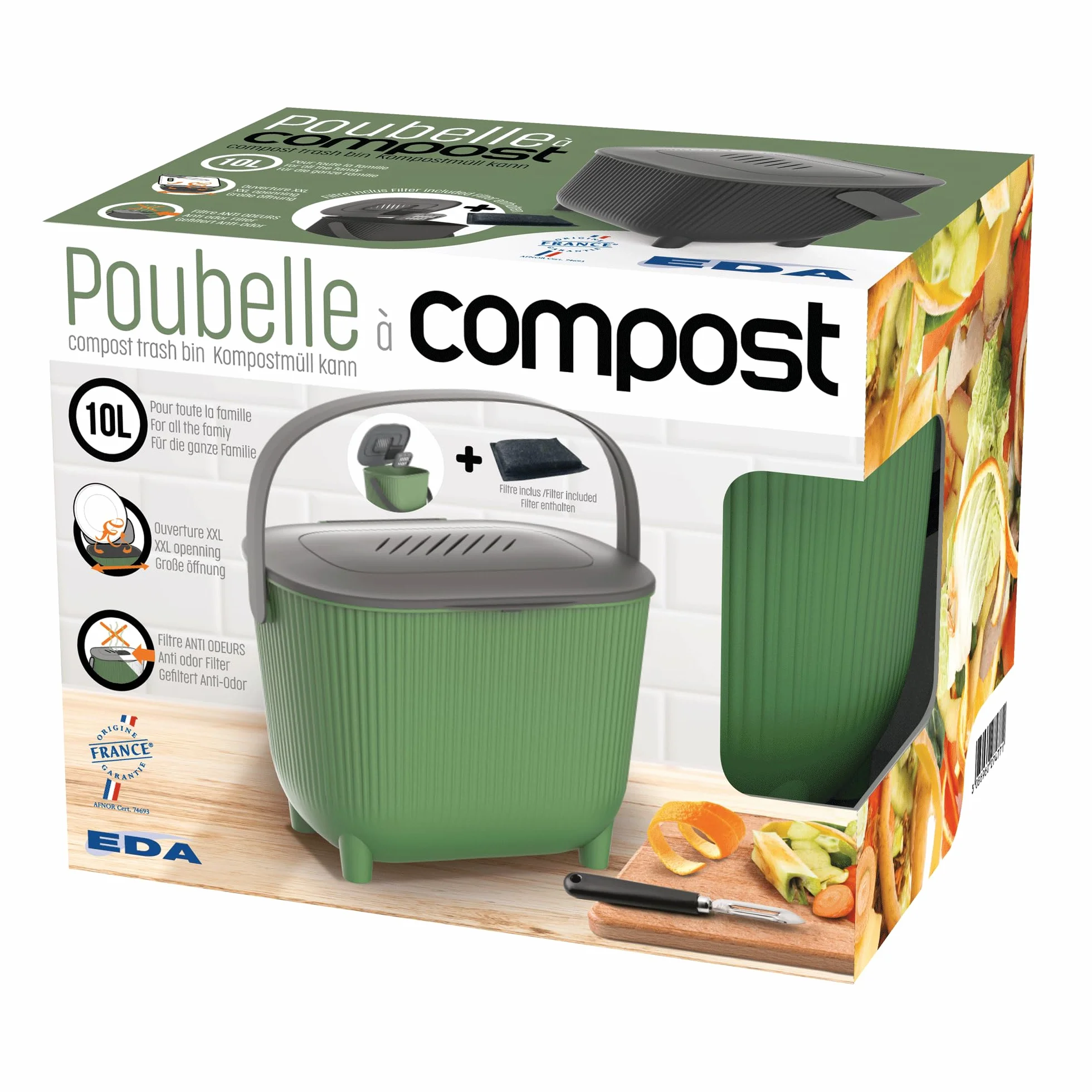Poubelle à Compost 10 L avec Filtre à Charbon, Grise Anthracite/Noir