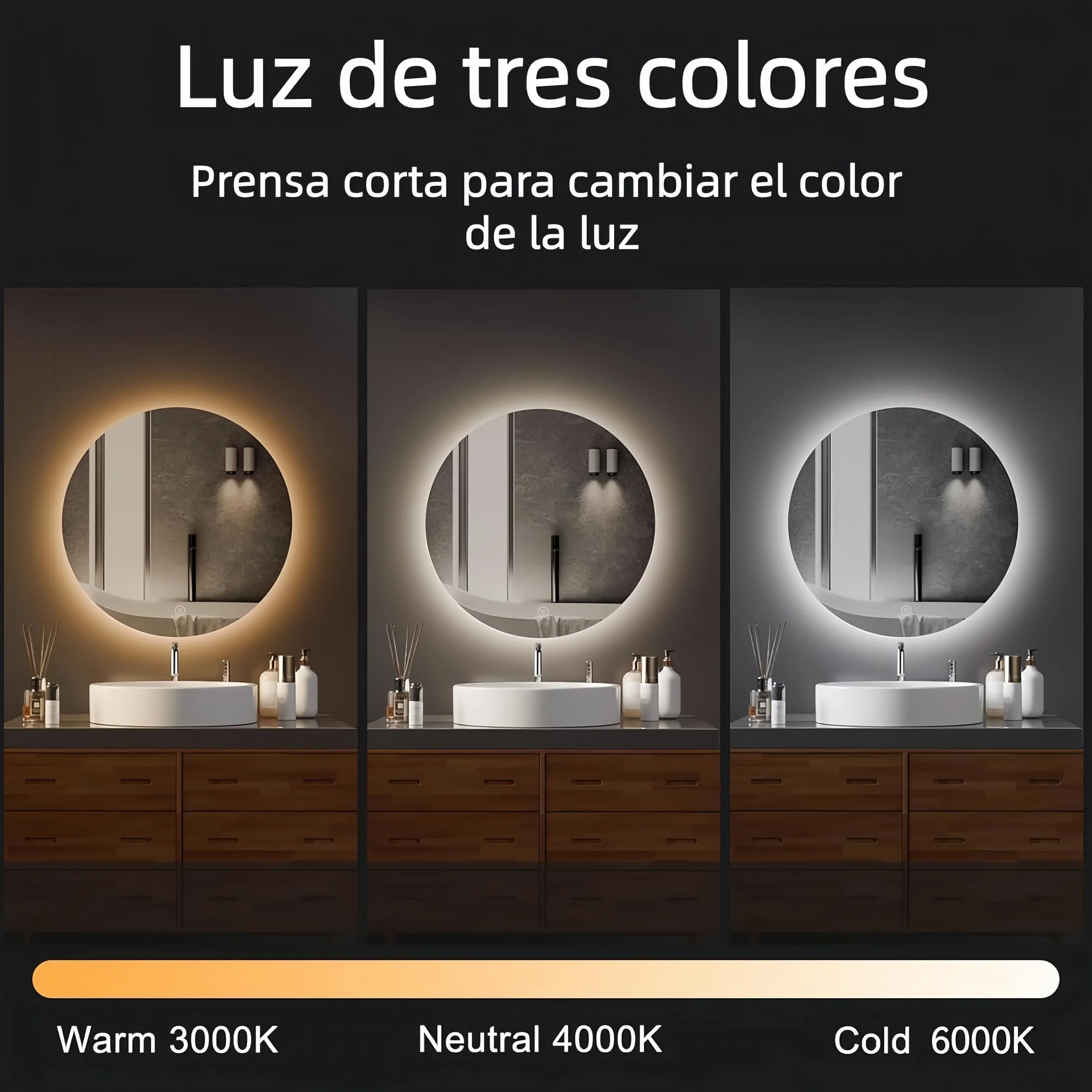 Miroir Salle de Bain LED Rond 50cm, 3 Couleurs Lumière Dimmable, Interrupteur Tactile