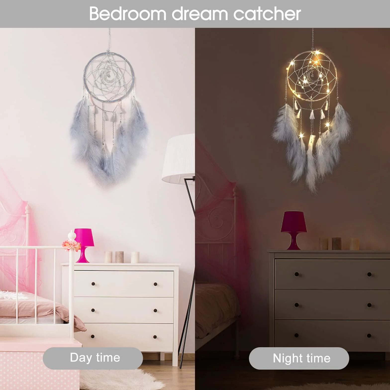 Attrapeur de Rêves LED Petit avec Lumière, Plumes Fait Main, Décoration Murale Maison (Gris)