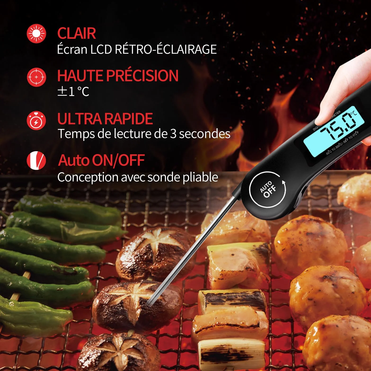 DOQAUS Thermometre Cuisine 3s Lecture instantané Thermomètre viande Écran LCD Auto On/Off Sonde Pliable Cuisson BBQ