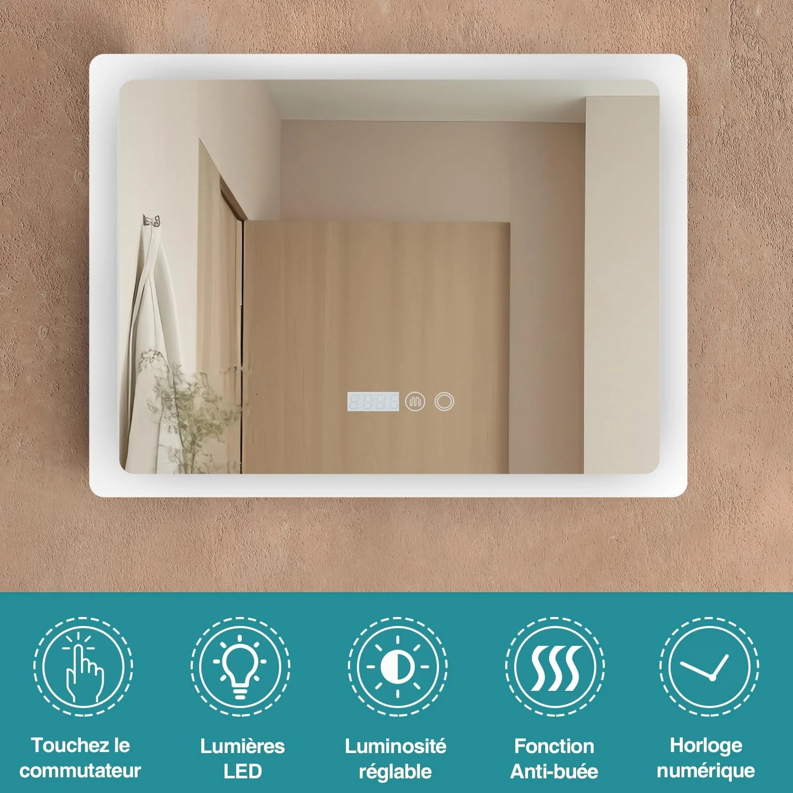 YOURLITE Miroir Salle de Bain LED 80x60 cm Dimmable 3 Couleurs Antibuée Affichage Horloge Température IP44 Blanc