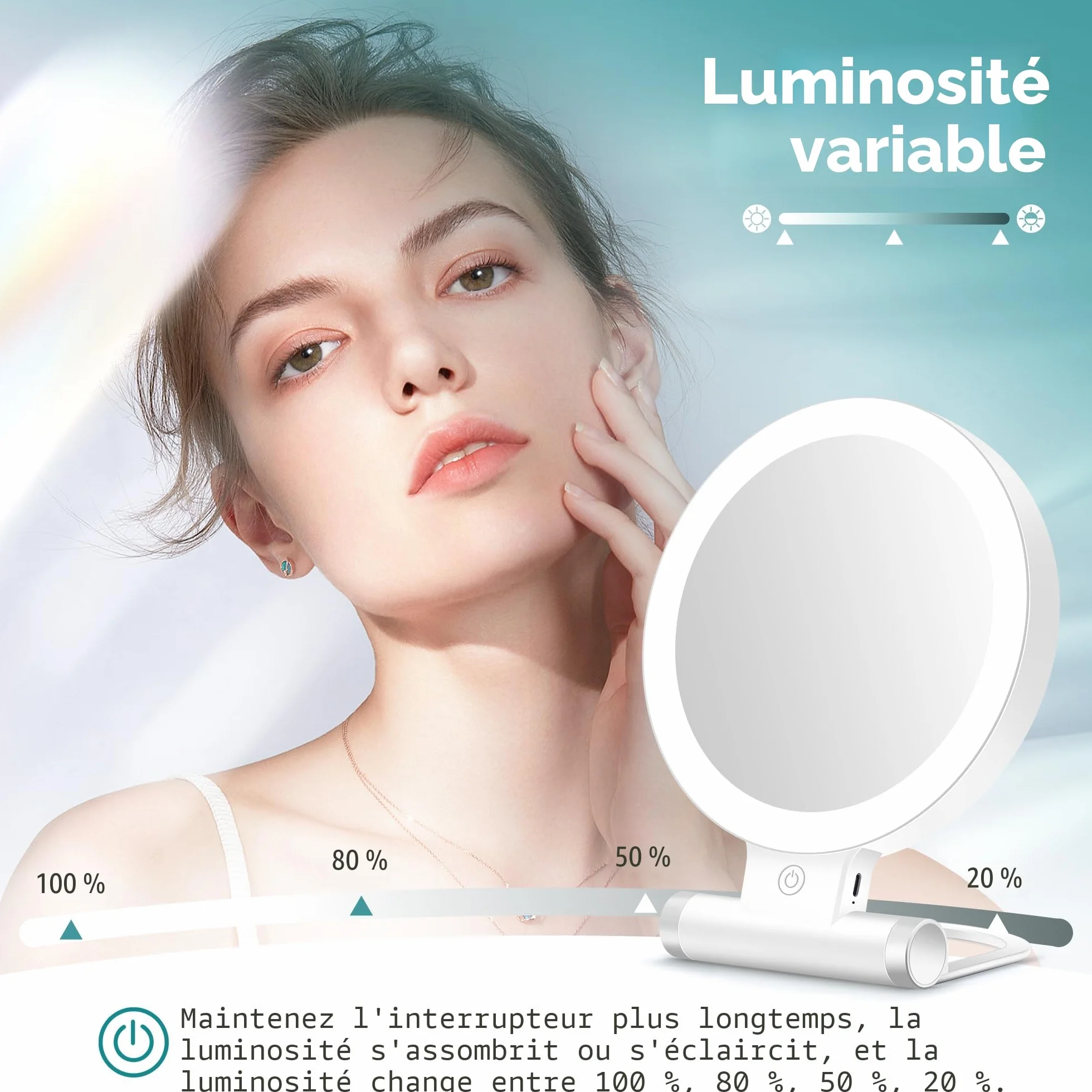 B Beauty Planet Miroir grossissant Double Face 1X/30X avec lumière, 3 Modes d'éclairage, 2000mAh, Miroir de Maquillage de Voyage Compact