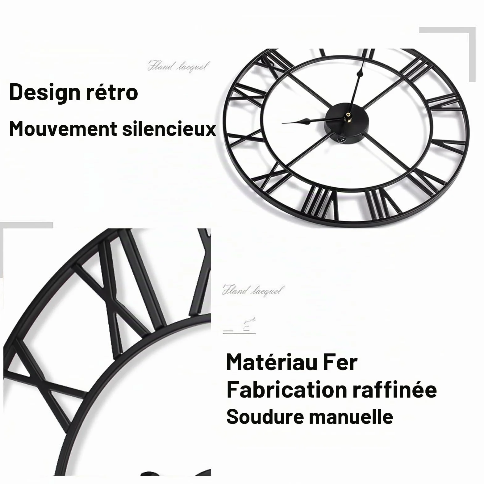 GUDEMAY Horloge Murale Design Moderne Vintage 50 cm Silencieuse Métal Chiffres Romains Noir