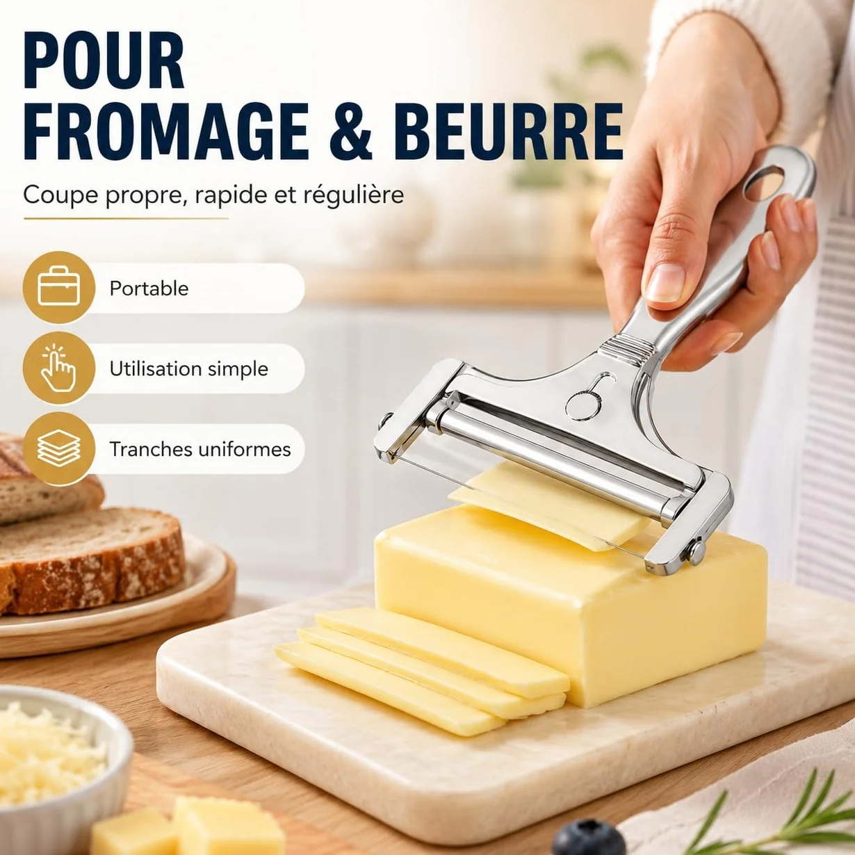 Trancheur à fromage manuel inox 4 fils de rechange réglable coupe-beurre portable argent brillant
