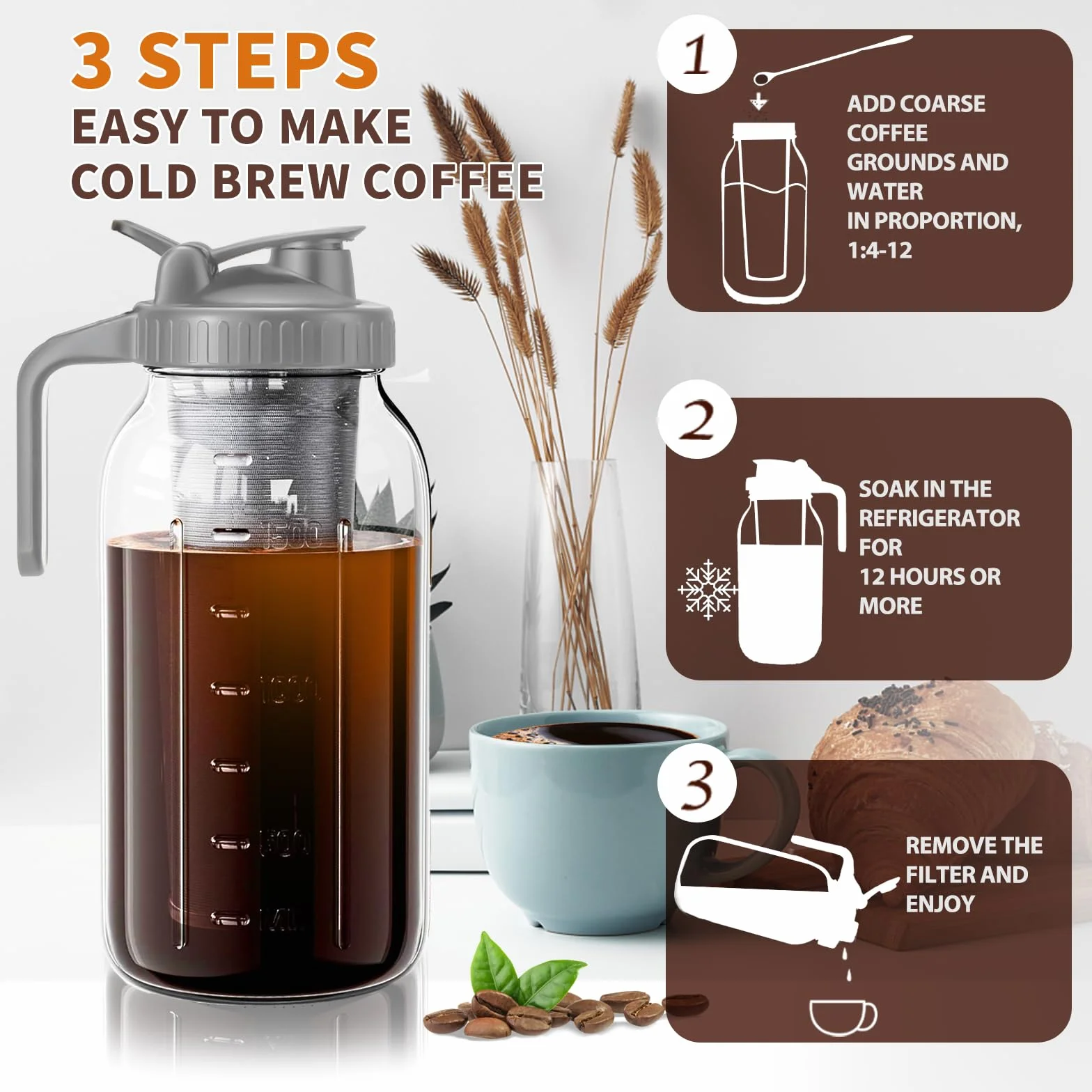 Cafetière à infusion froide 1,8 L, filtre, pichet en verre épais, couvercle étanche, brosse sans BPA, passe au lave-vaisselle (gris)