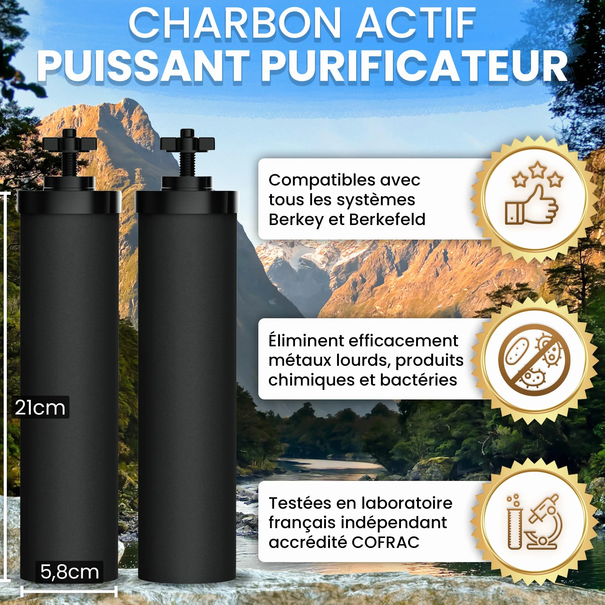 ORINKO Filtre à Eau par Gravité 8,5 L 4 Cartouches Charbon Actif Purificateur d'Eau Fontaine Filtrante