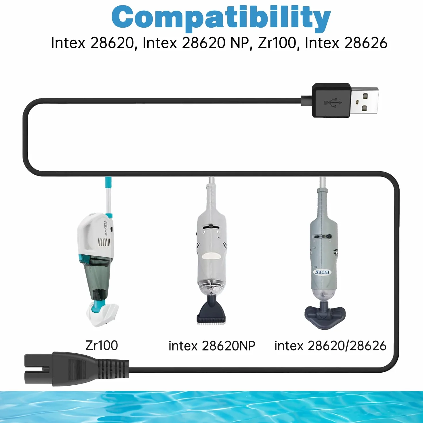 Chargeur 5V USB Câble Compatible Aspirateur Piscine Intex ZR100 28626 28620