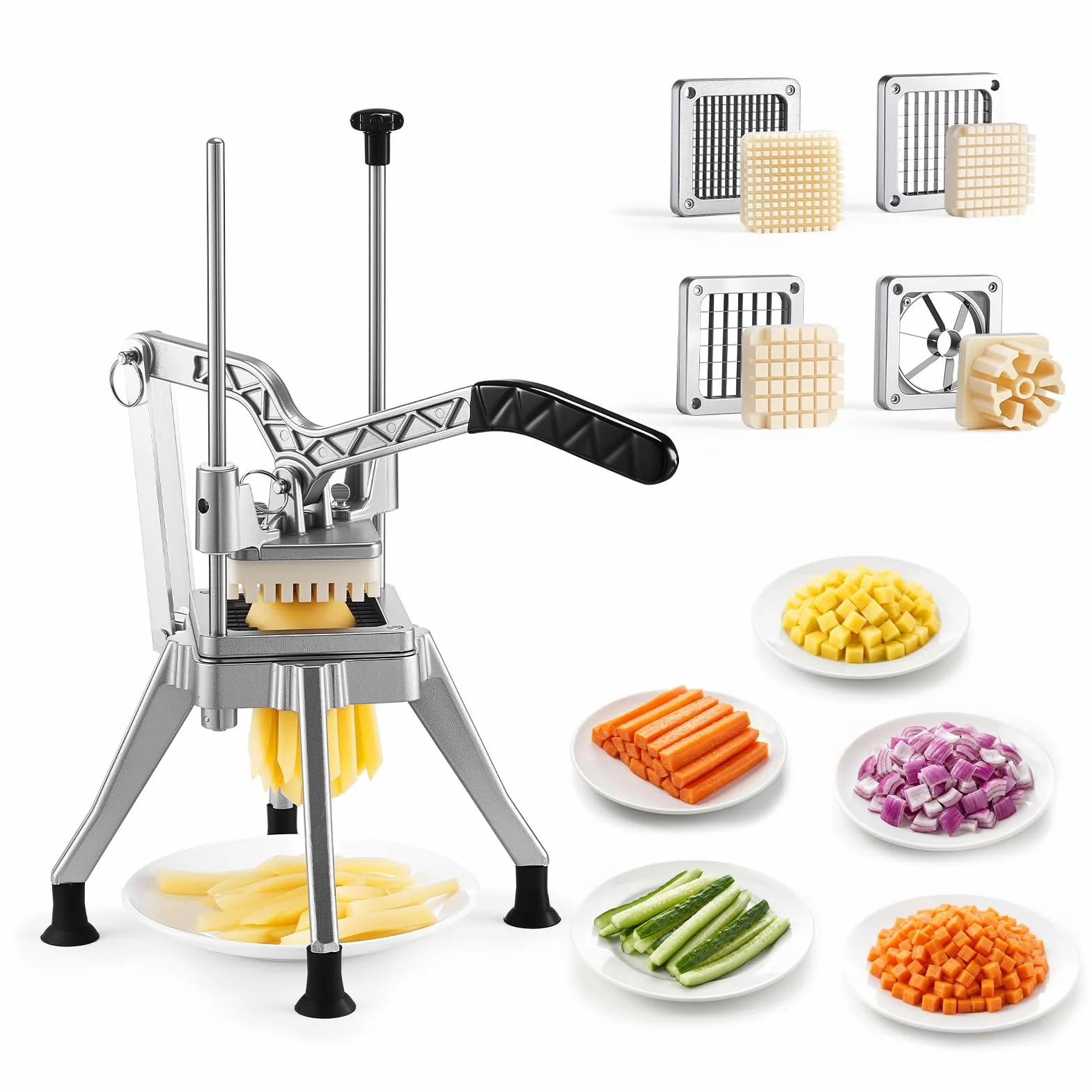 VEVOR Coupe Frites Manuel Professionnel, 4 Couteaux de Rechange 13 mm / 9 mm / 6 mm, Vide-pomme 6 Quartiers en Inox