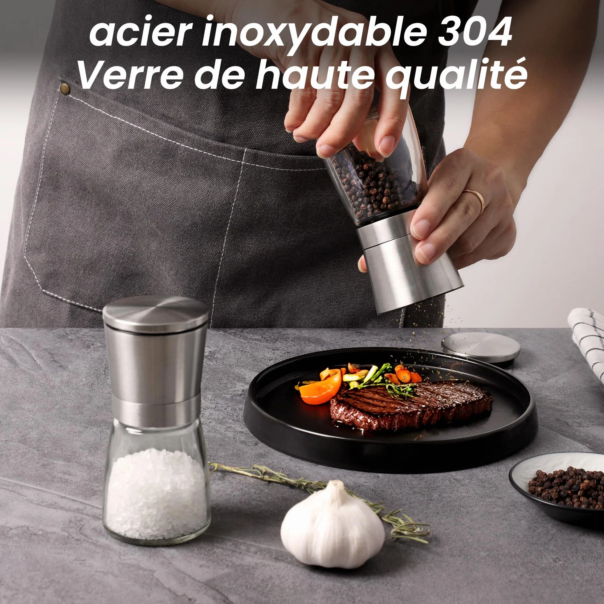 Vevouk Ensemble de moulins à sel et à poivre en céramique réglable grossière et fine pour cuisine