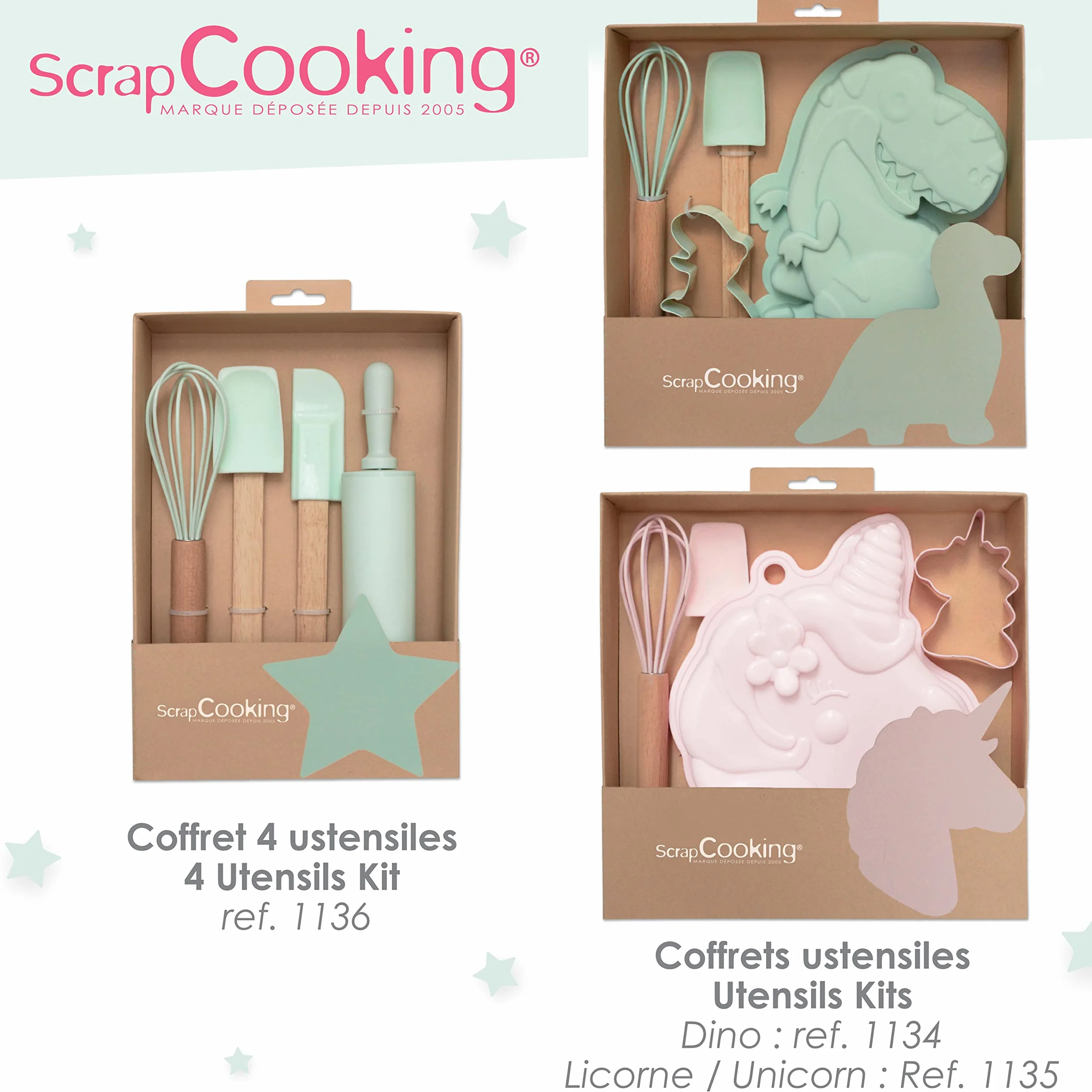 ScrapCooking Coffret Pâtisserie Licorne Enfants 4 Ustensiles Fouet Cuillère Moule Découpoir Bois Silicone Inox