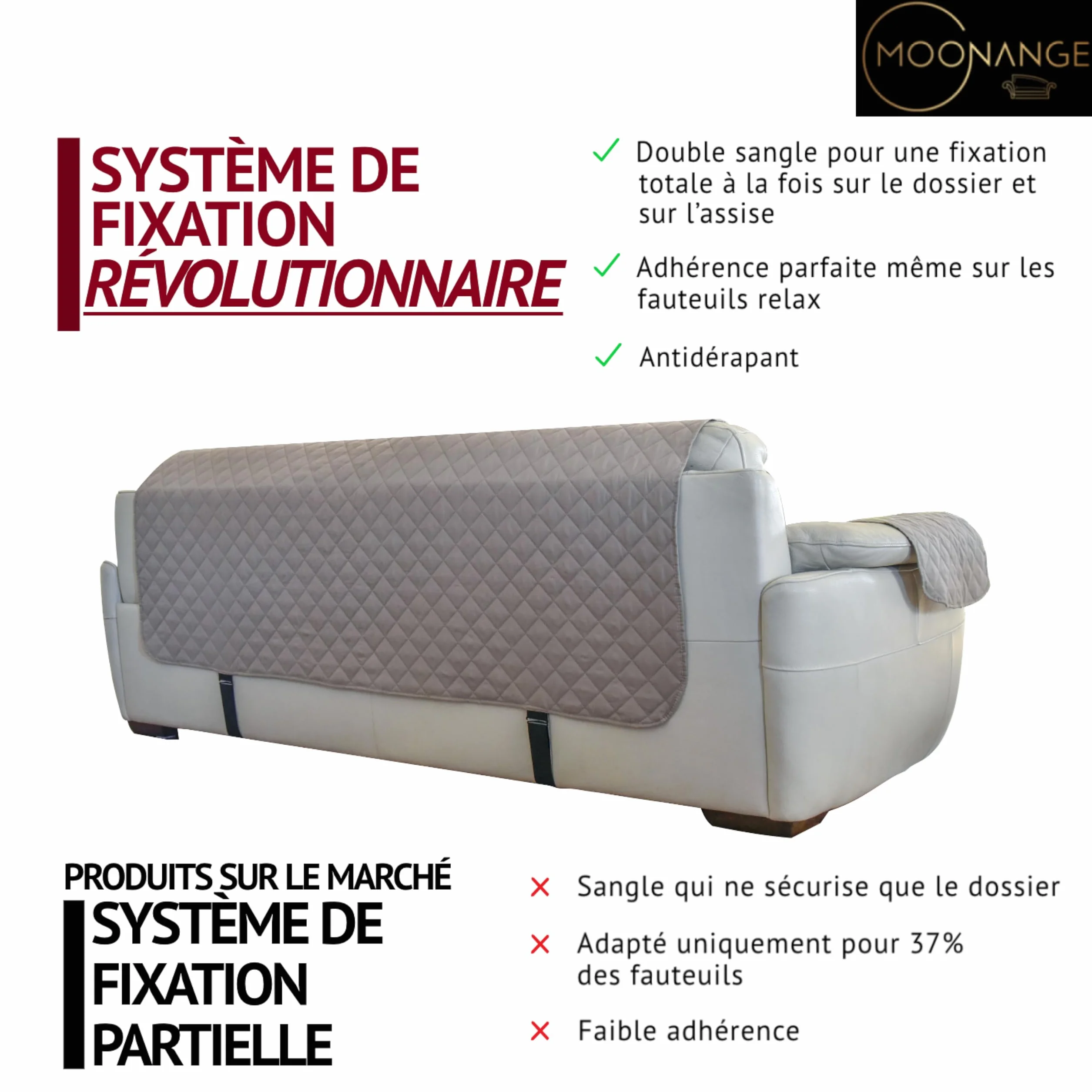 Moonange Housse de canapé 3 Places 165 cm Imperméable Réversible Antidérapante Taupe