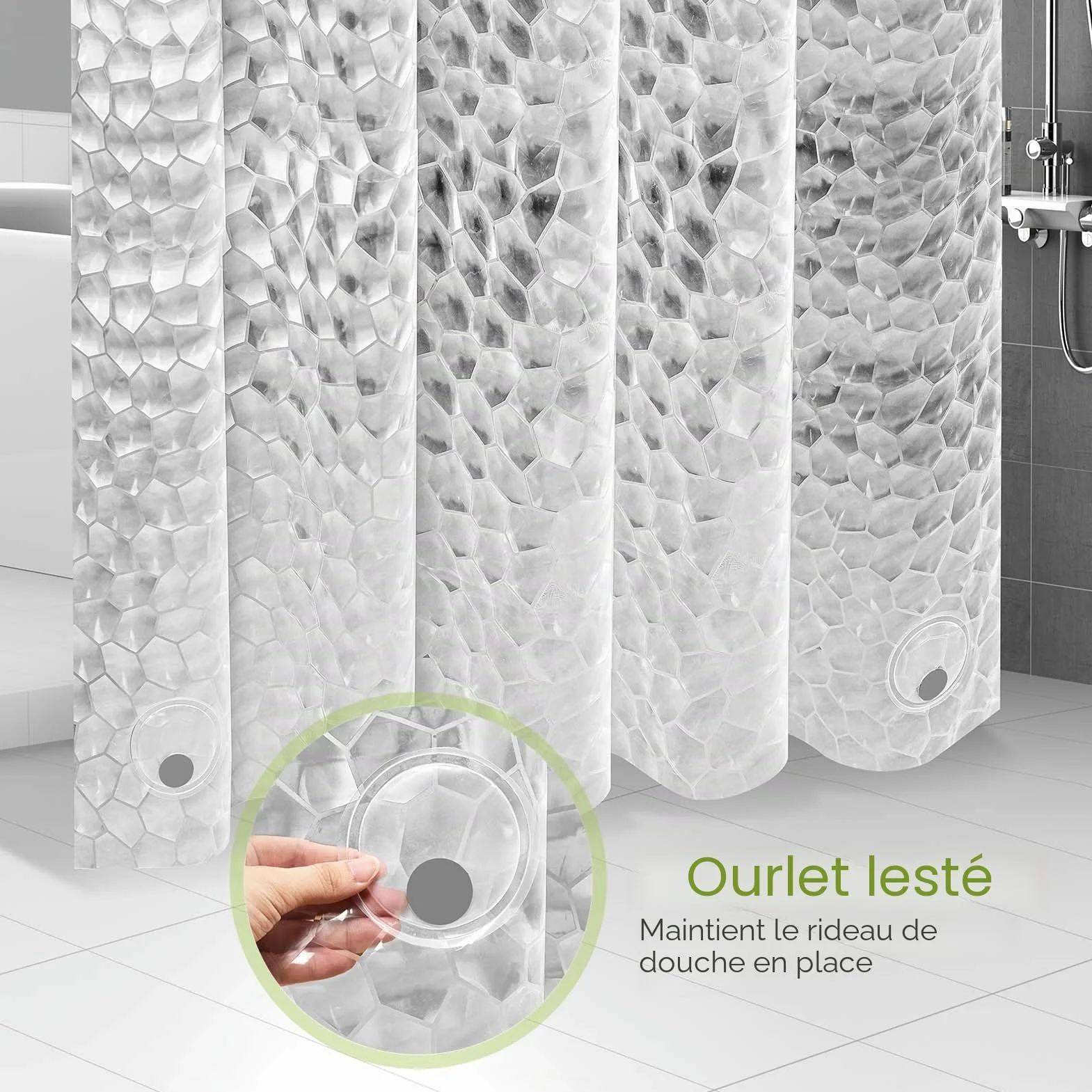 Rideau de Douche 120 x 200cm, 3D Semi Transparent EVA Anti Moisissure Imperméable avec 8 Anneaux
