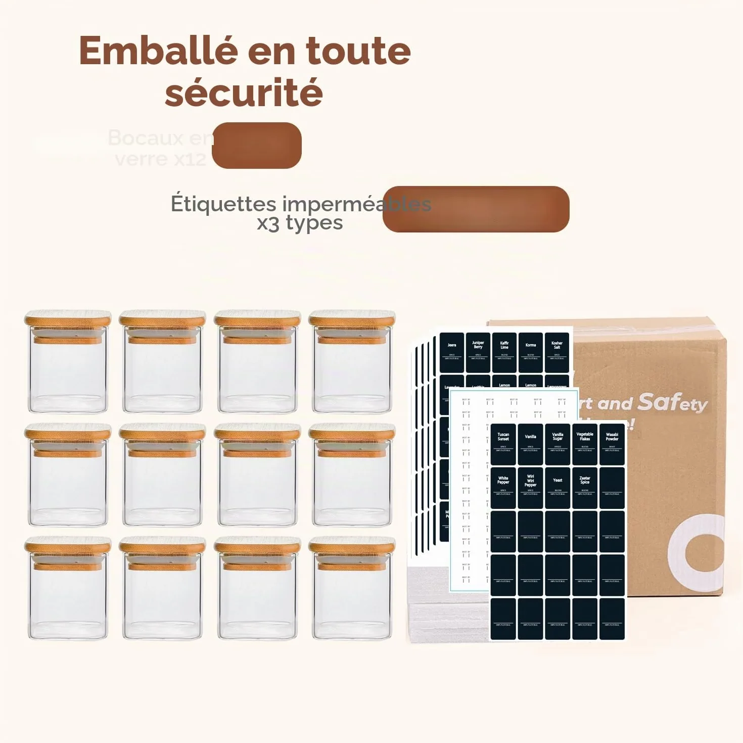 ComSaf Bocaux à Épices en Verre 12 x 120 ml avec Couvercle en Bambou, Pots Hermétiques avec 54 Étiquettes