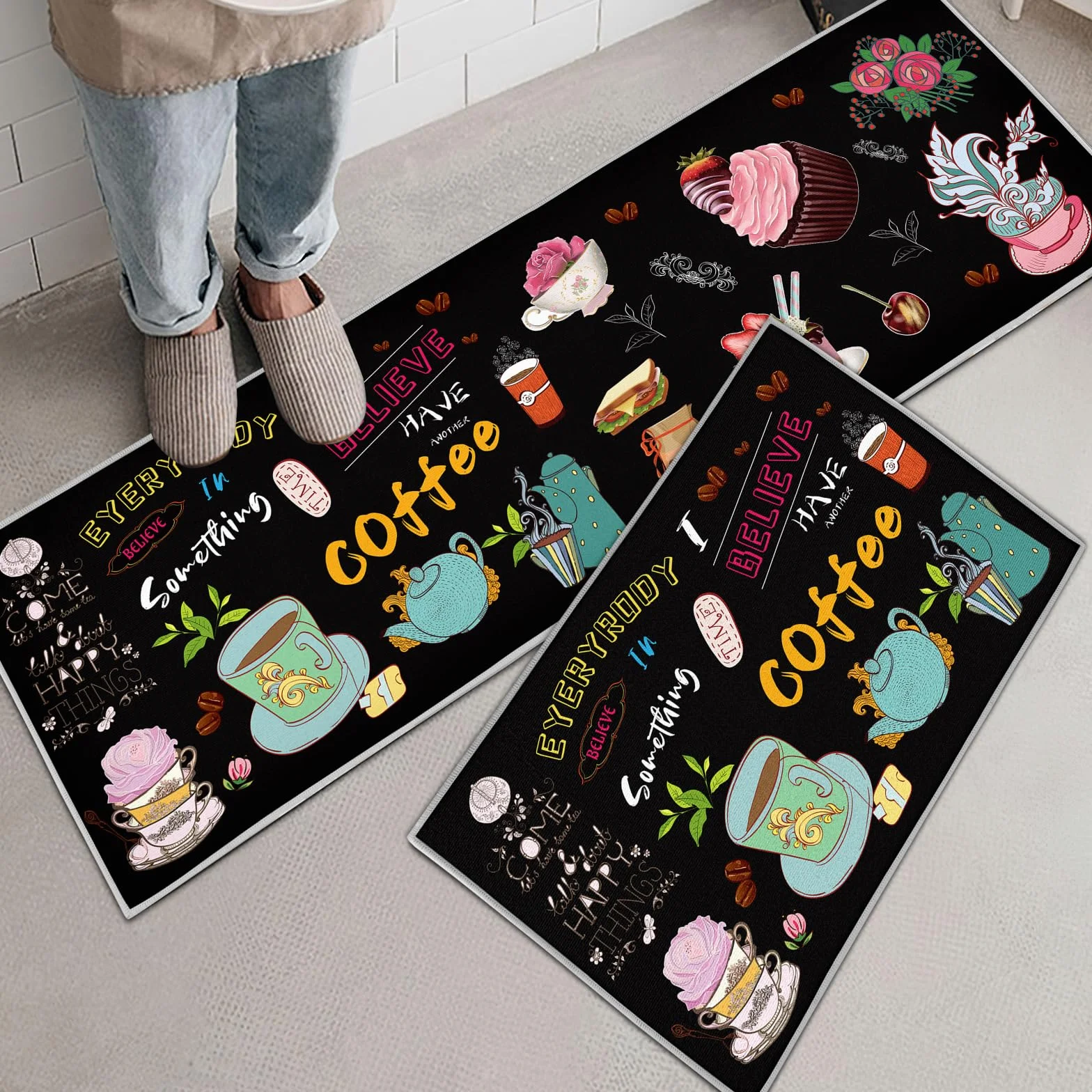 Lot de 2 tapis de cuisine lavables antidérapants imperméables café 40x60 40x120 cm