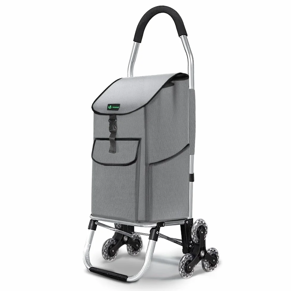 VOUNOT® Chariot de Courses 6 Roues Aluminium Pliable 2 en 1 Sac Escalier Gris 58 L