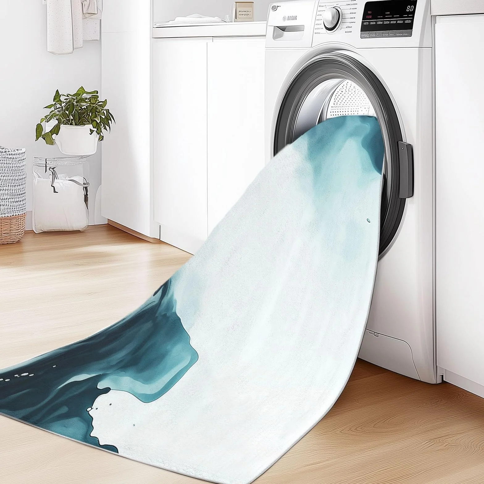 Grand Tapis Motif Aquarelle Abstraite Antidérapant Shaggy 80 x 150 cm Gris Bleu