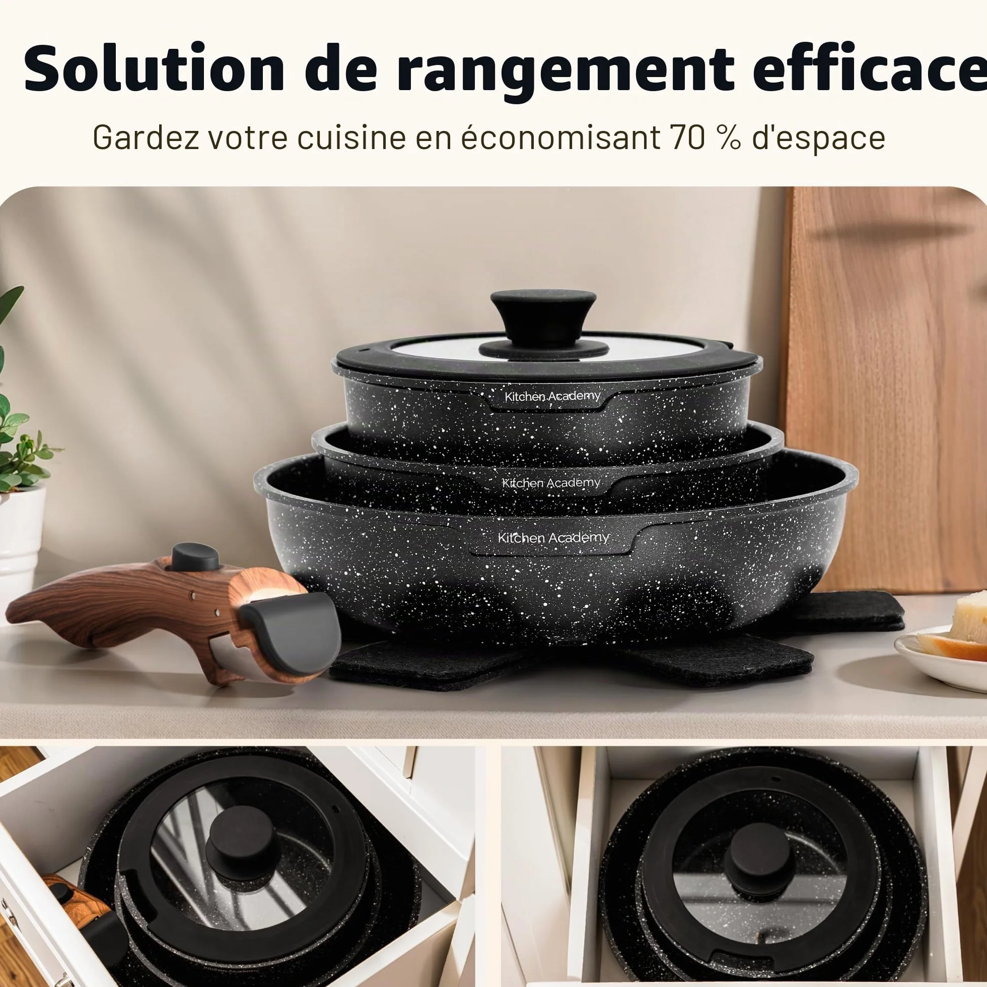 Kitchen Academy Lot de 10 Casseroles et Poêles avec Poignée Amovible, Couvercles en Verre, Revêtement Anti-adhésif Compatible Induction Noir