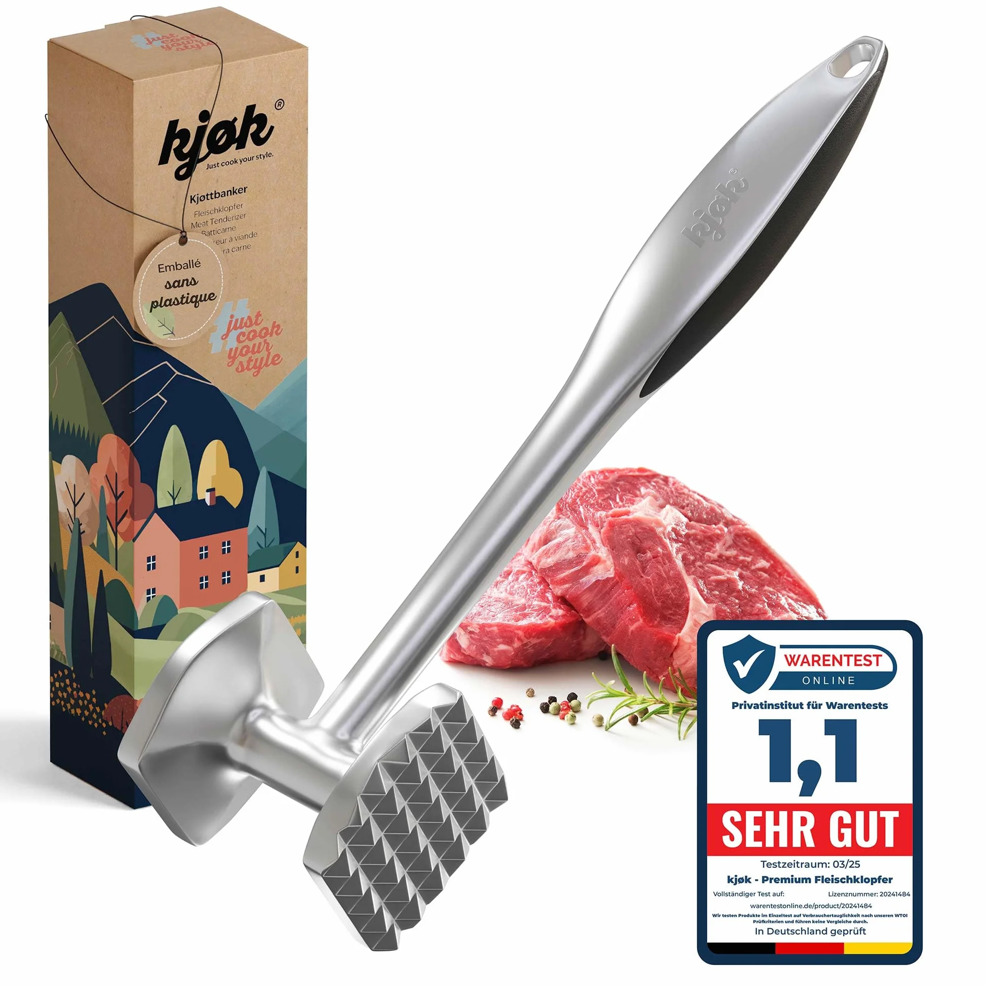 Attendrisseur de viande en alliage de zinc chromé mat kjøk – maillet pour escalopes steaks volaille