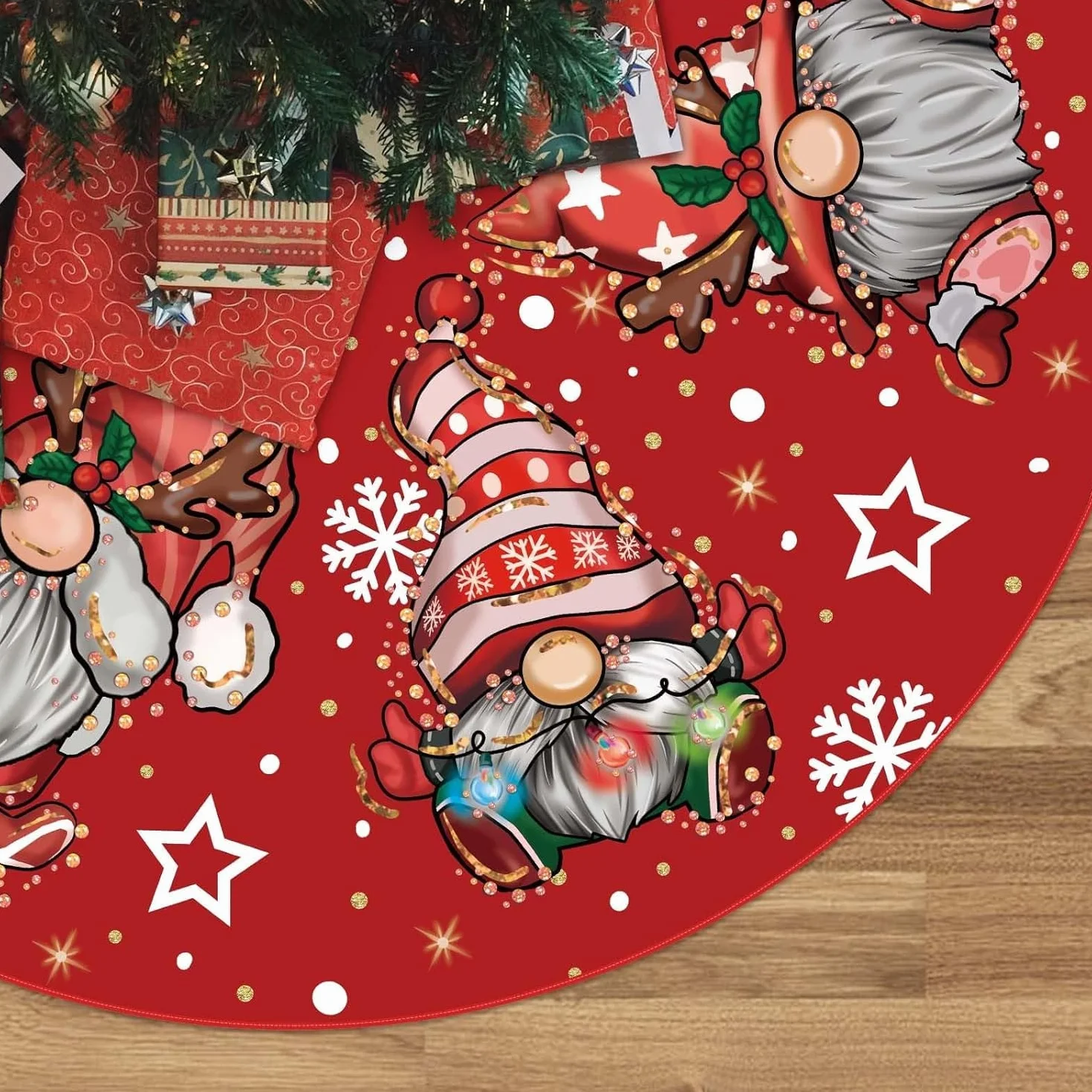 Jupe Sapin De Noël 120cm Couvre Pied Rond Rouge Motif GNOME Tapis Décorations Fête