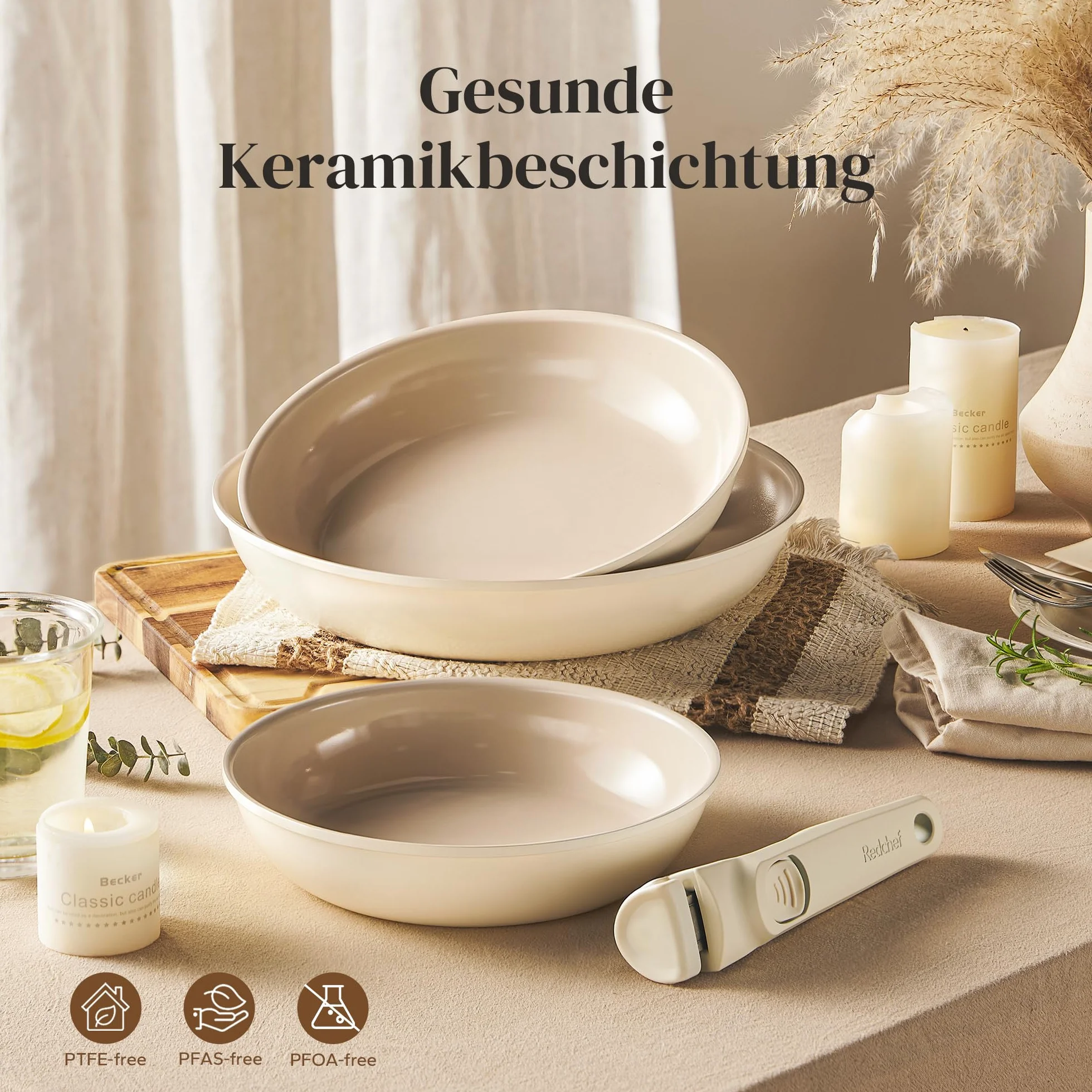 Redchef Lot de poêles céramique antiadhésives 20/24/28 cm induction compatible sans PTFE ni PFOA poignée amovible Beige