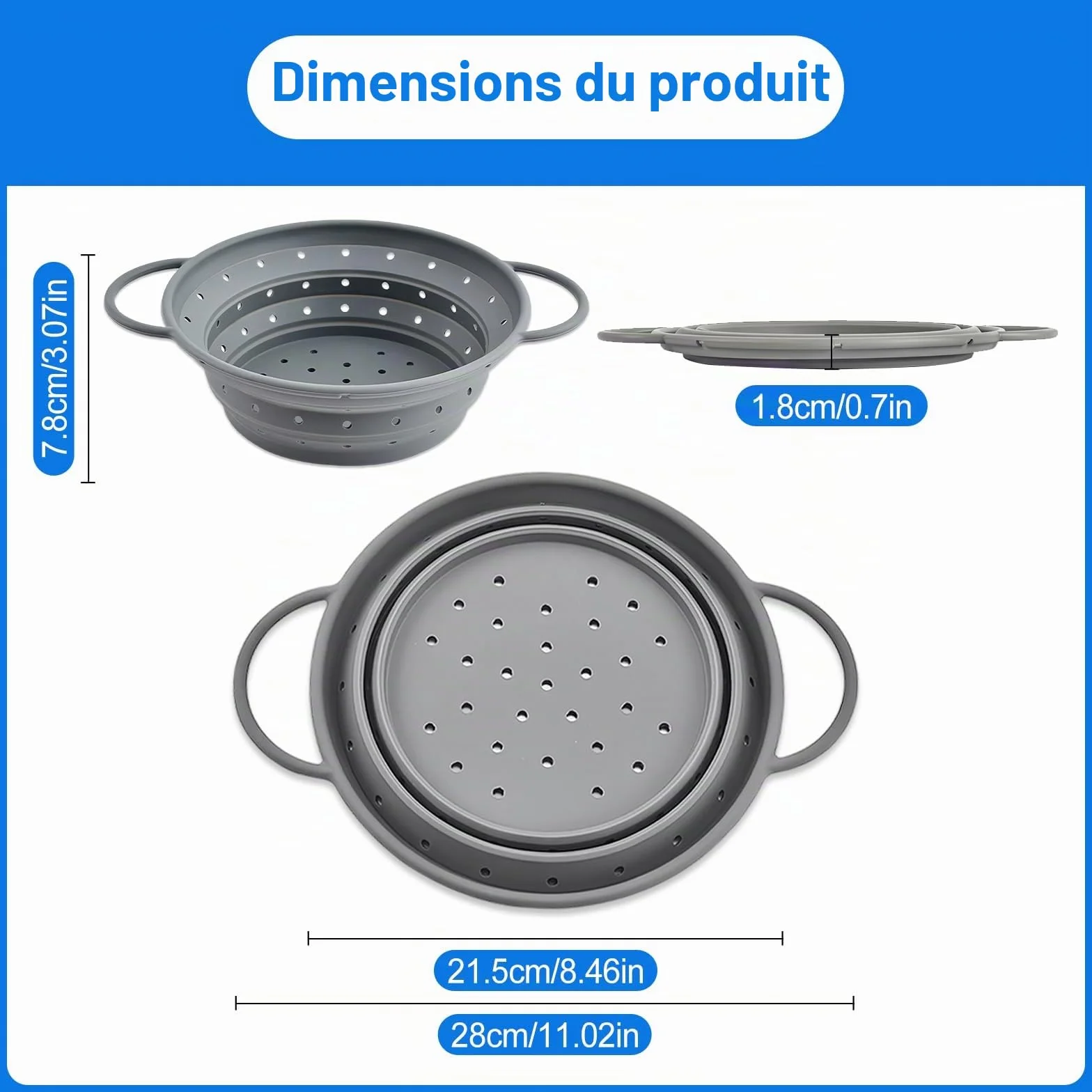 Passoire Pliable en Silicone 28 cm Sans BPA Cuisine Camping Gris