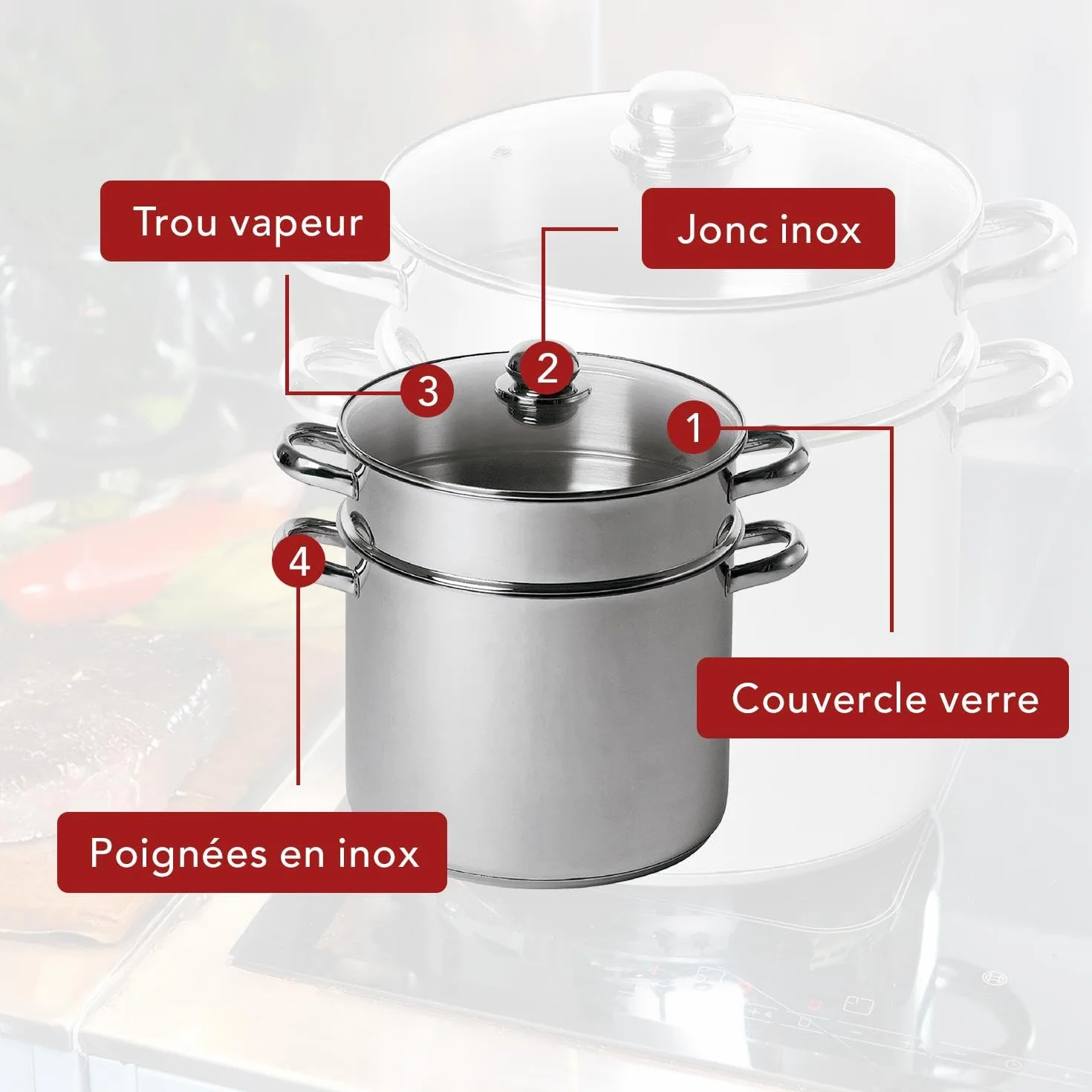BAUMALU Combiné Traiteur Couscoussier Acier Inox Ø24cm 9L Triple Fond Diffuseur Induction