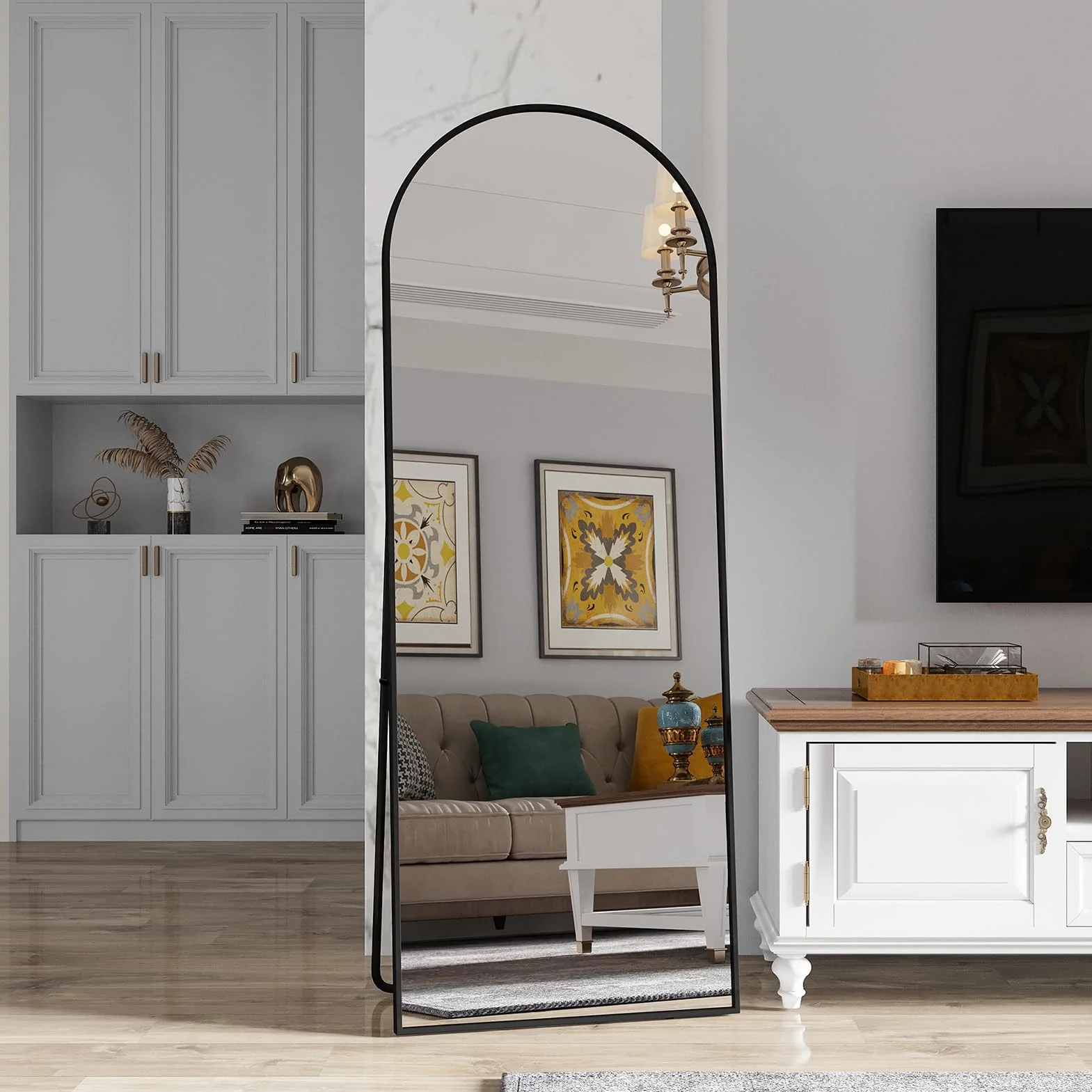 Miroir sur Pied 162x53 cm Grand Miroir Arqué Aluminium Noir Cadre Pleine Longueur