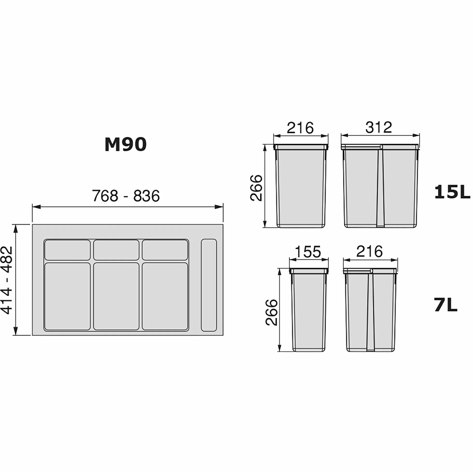 Emuca Poubelles pour tiroir bacs hauteur 266mm base 90cm recyclage