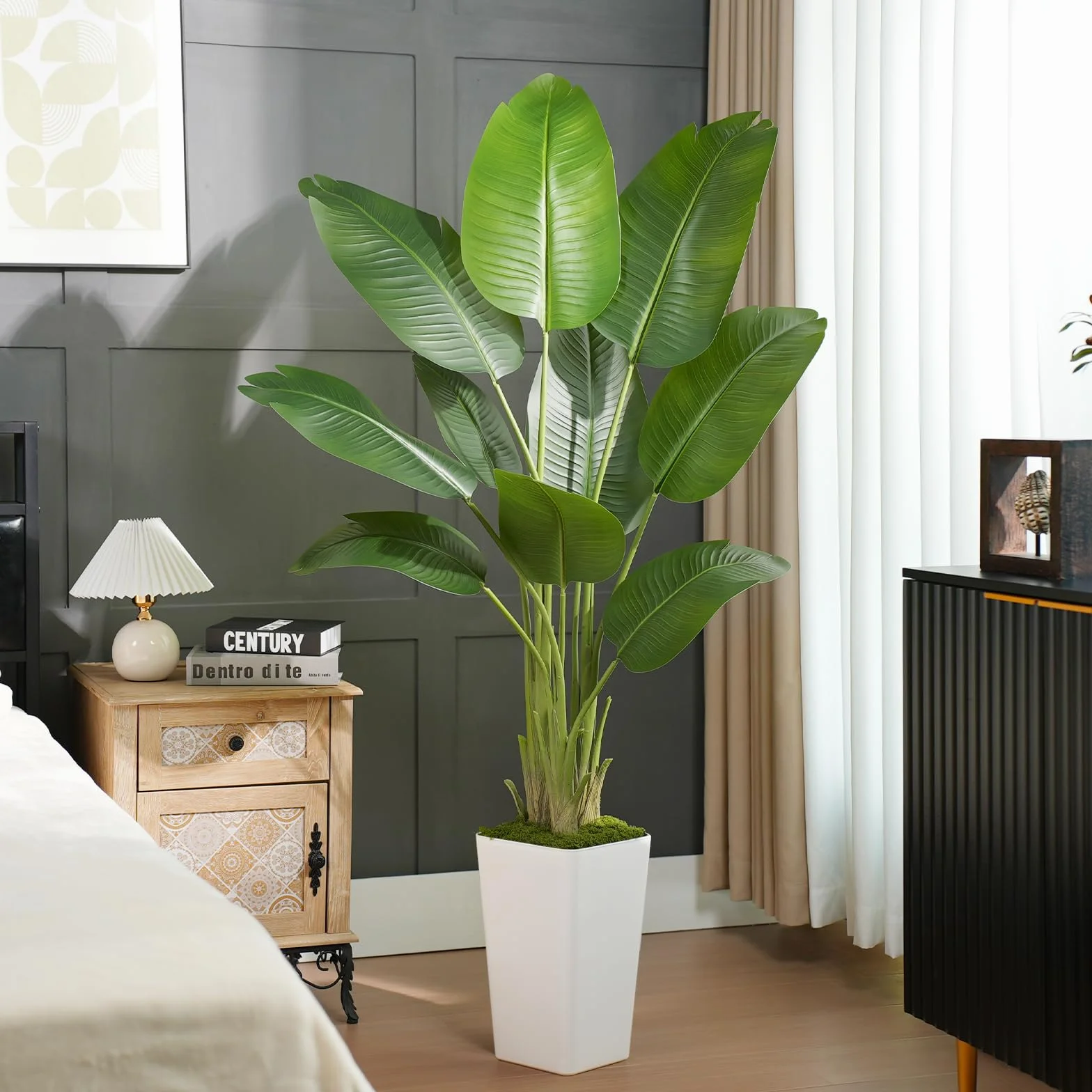 Plante Artificielle Oiseau de Paradis 180cm Pot Blanc Palmier Tropical Feuilles de Bananier Décoration Intérieur Bureau Salon