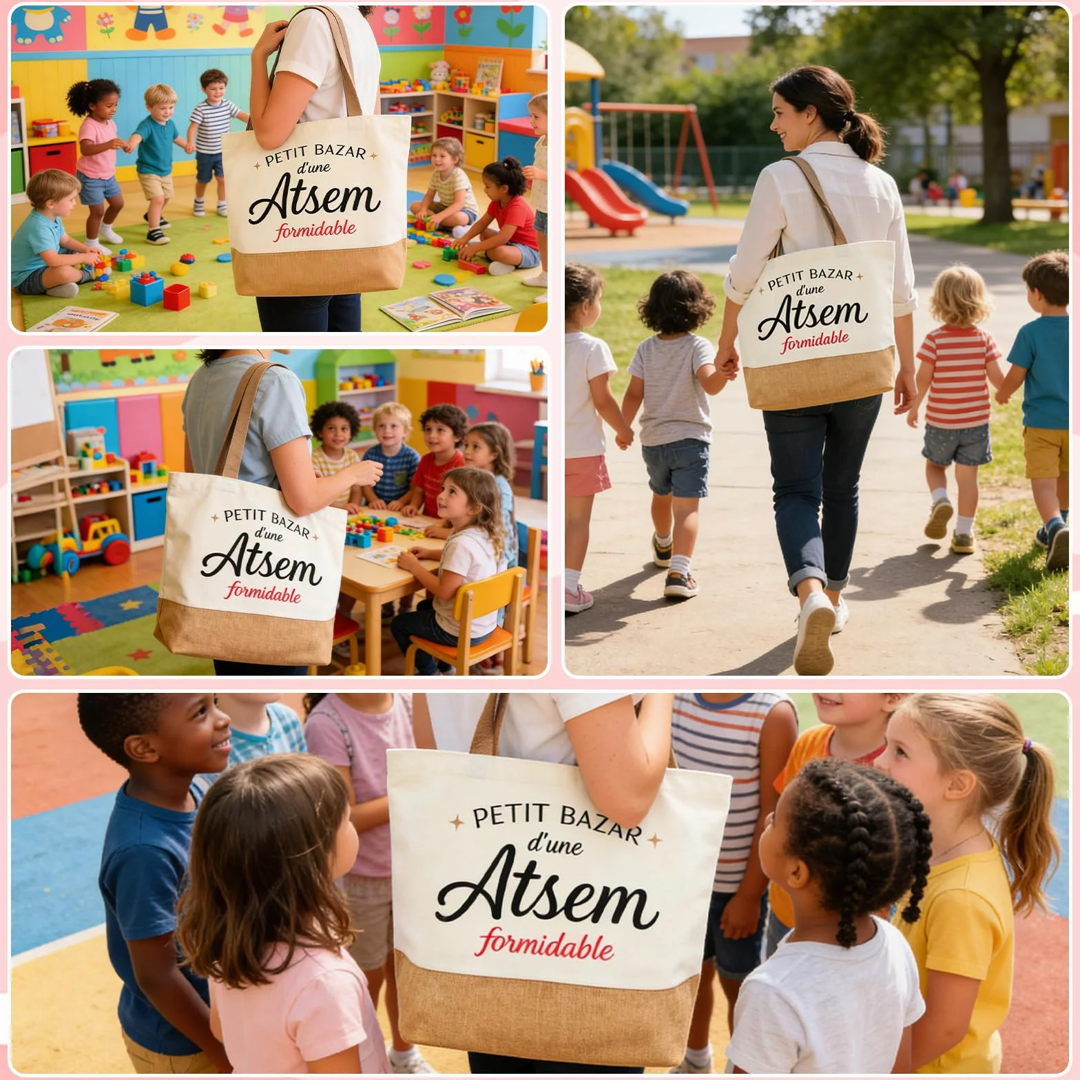 Sac Cabas Merci Atsem Maternelle Grande Capacité Toile Cadeau Enseignante