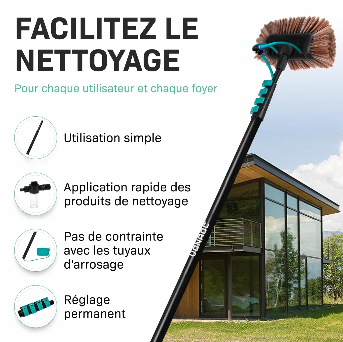 VONROC Brosse de Lavage Télescopique 6,5 m avec Arrivée Eau – Kit Complet 2 en 1 Nettoyage Panneaux Solaires, Vitres, Façades