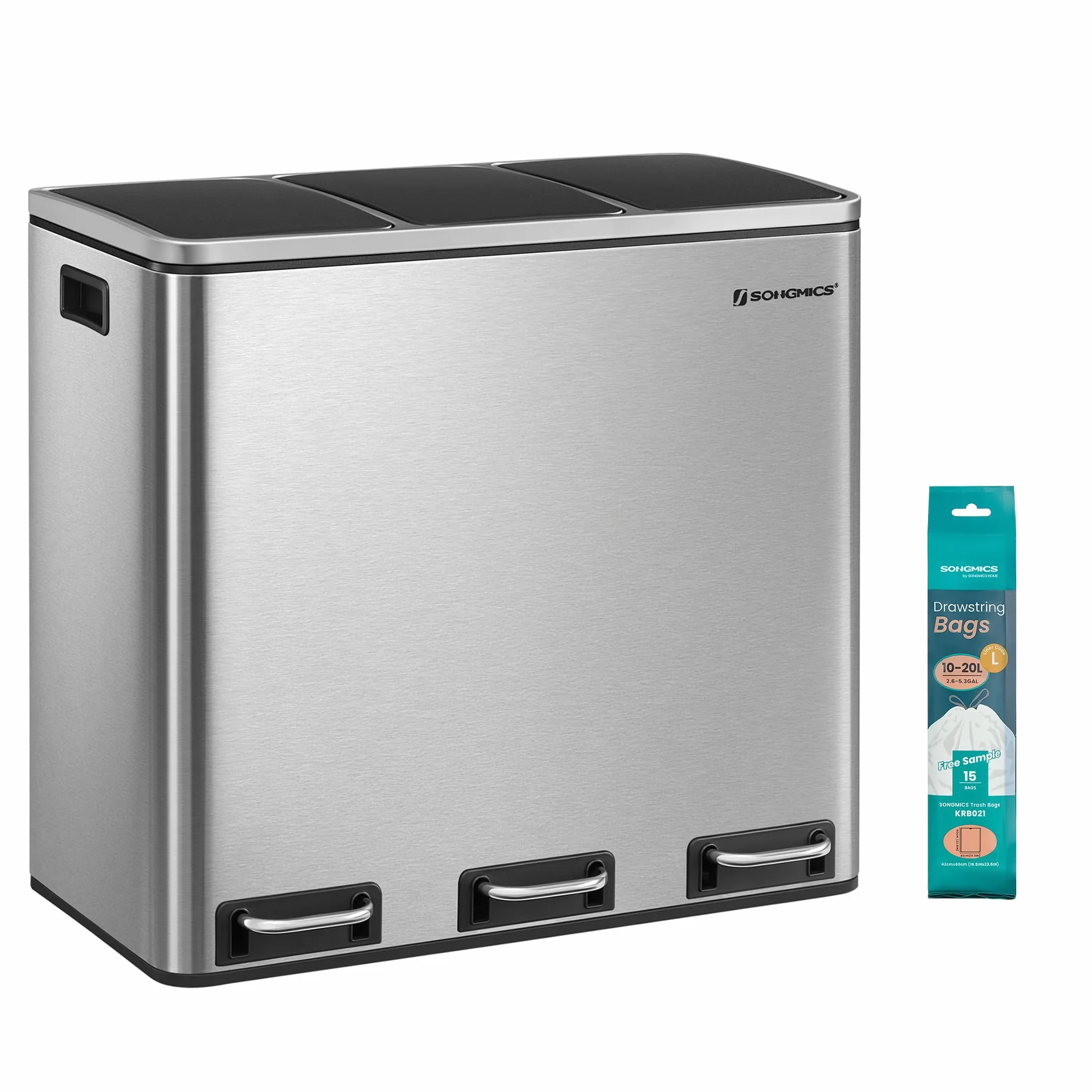 SONGMICS Poubelle Cuisine 3x18L Tri Compartiments Acier Argent Métallique Noir LTB54NL