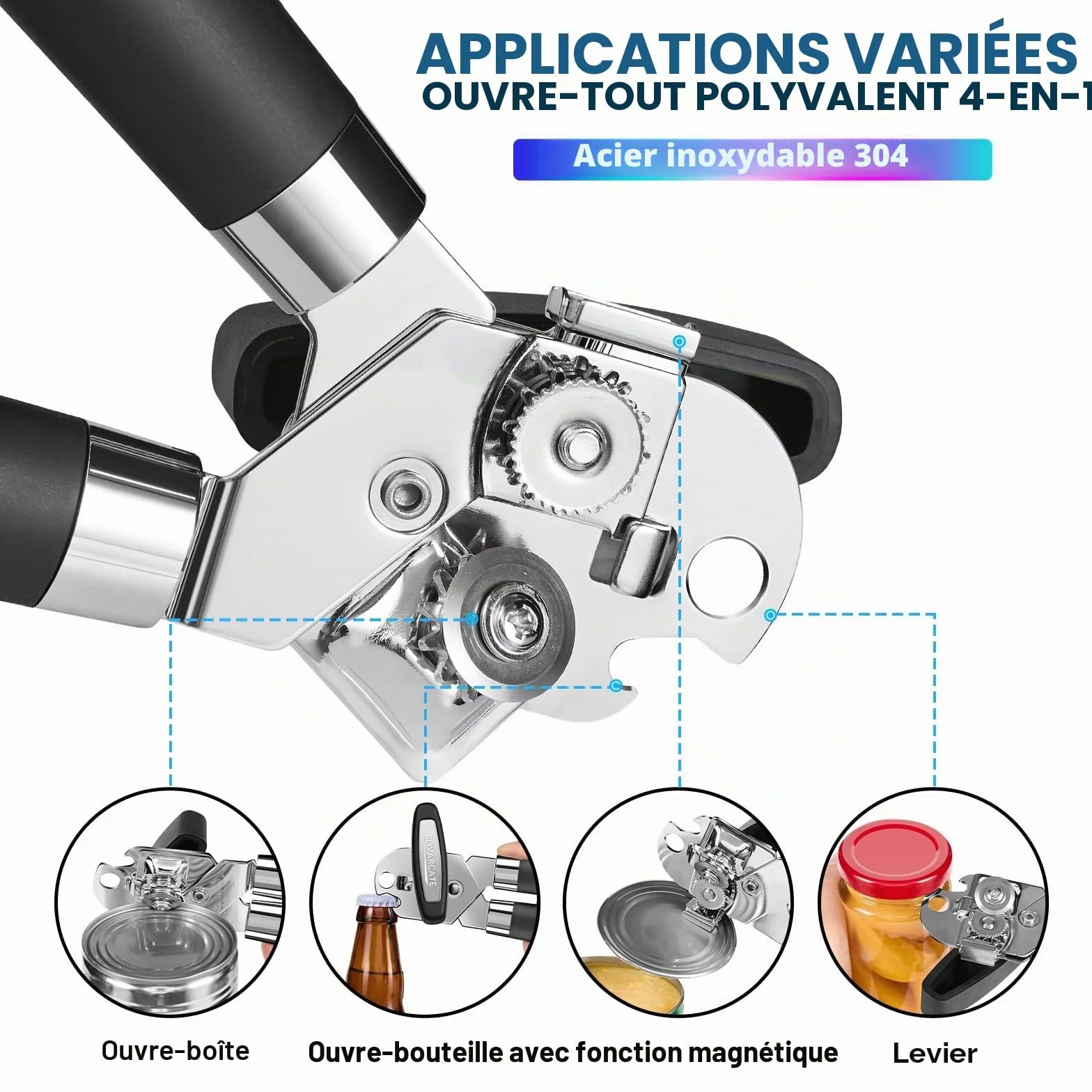 Ouvre Boite de Conserve Manuel Multifonctionnel avec Aimant de Levage, Poignée Ergonomique pour Personnes Agées et Arthrite